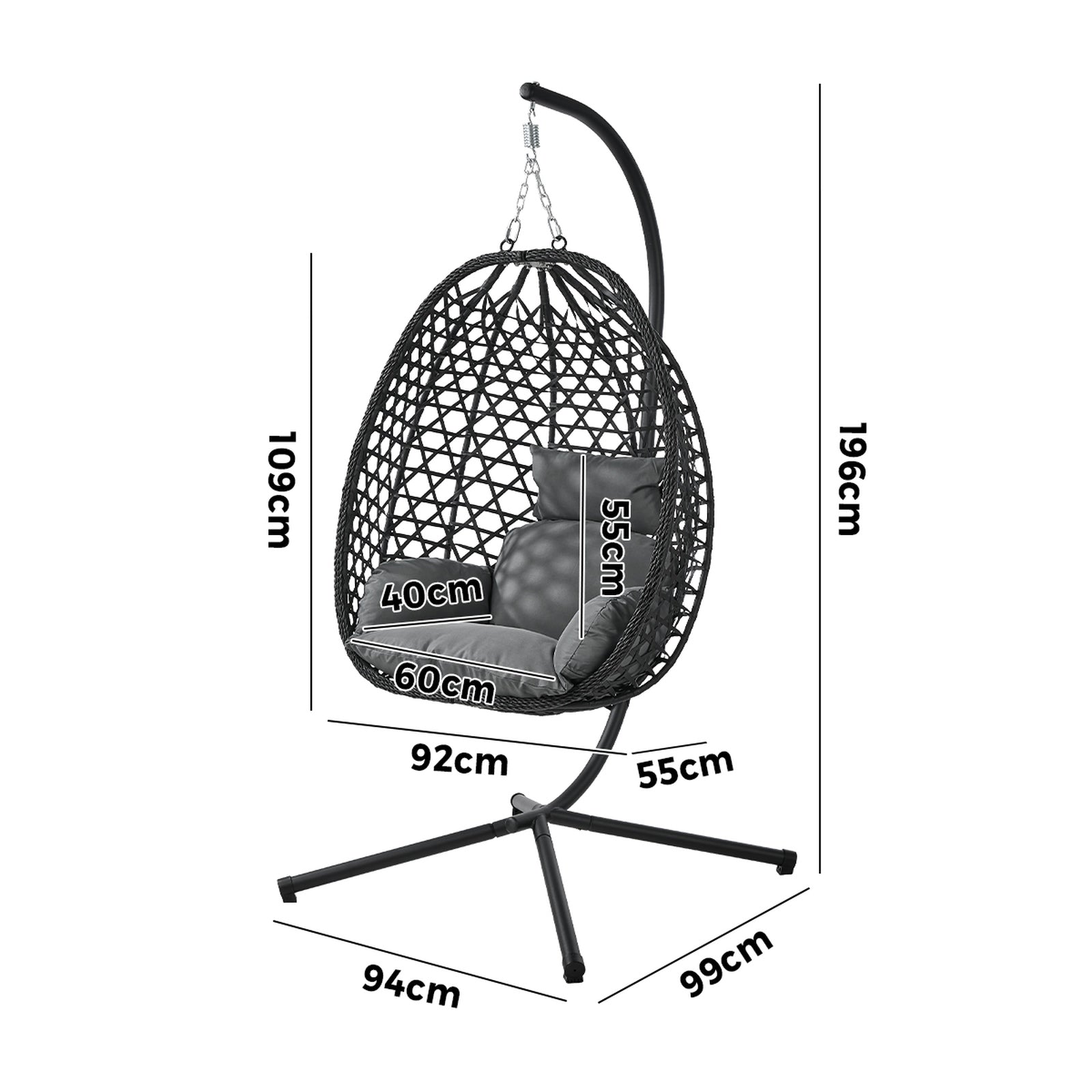 Livsip Outdoor Egg Hanging Chair with Stand Rattan Garden Swing Seat Black