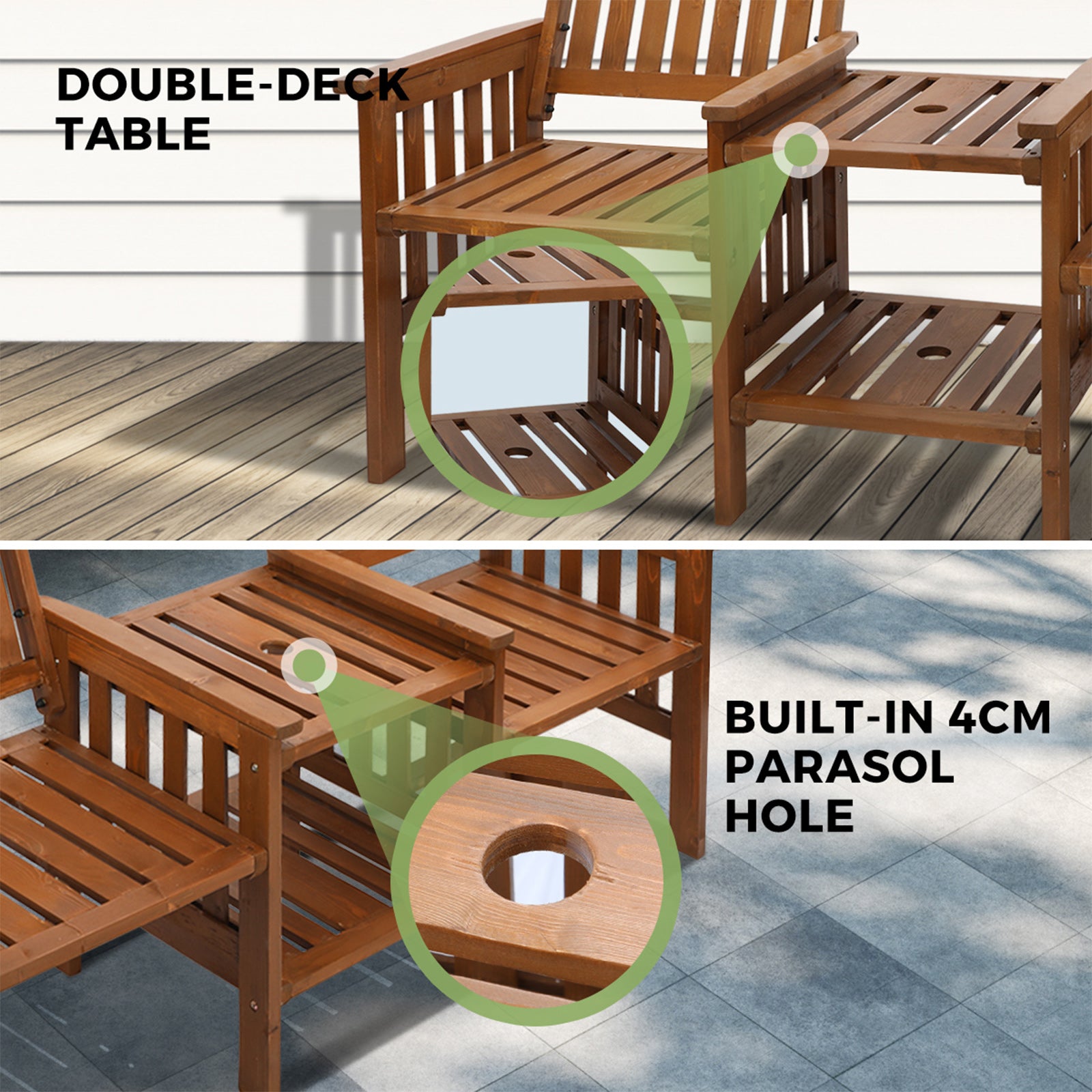 Livsip Wooden Garden Bench Table 2 Seater Loveseat Patio Chair Outdoor Furniture - Sunyee