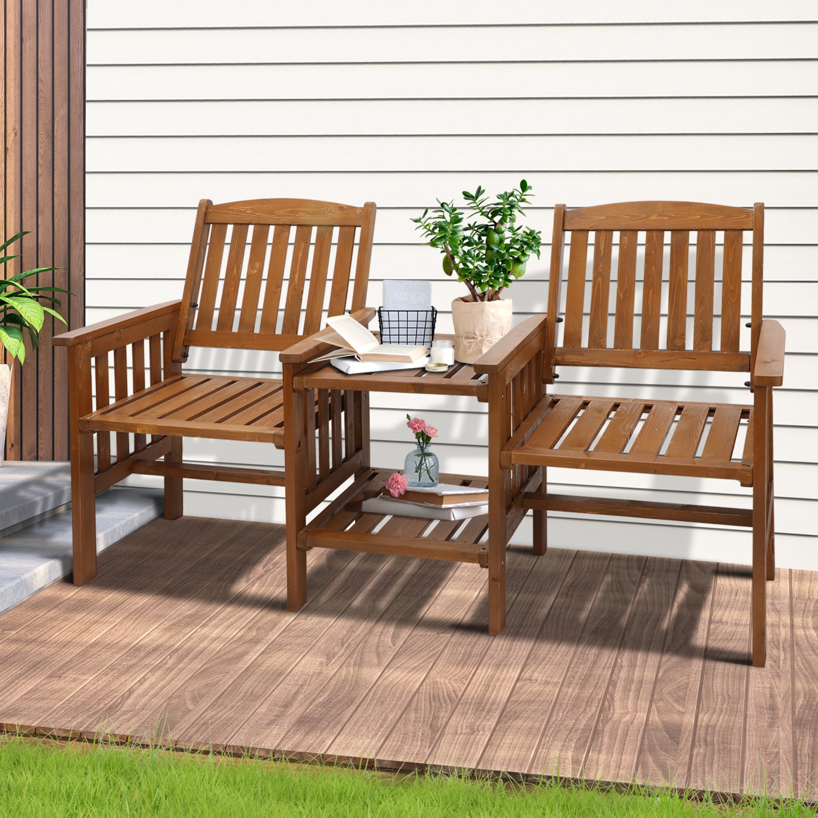 Livsip Wooden Garden Bench Table 2 Seater Loveseat Patio Chair Outdoor Furniture - Sunyee