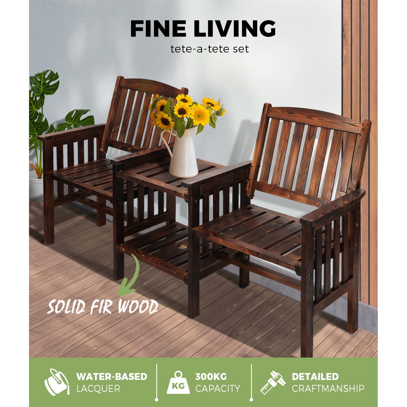 Livsip Outdoor Wooden Chair Garden Bench 2 Seat & Table Loveseat Patio Furniture - Sunyee