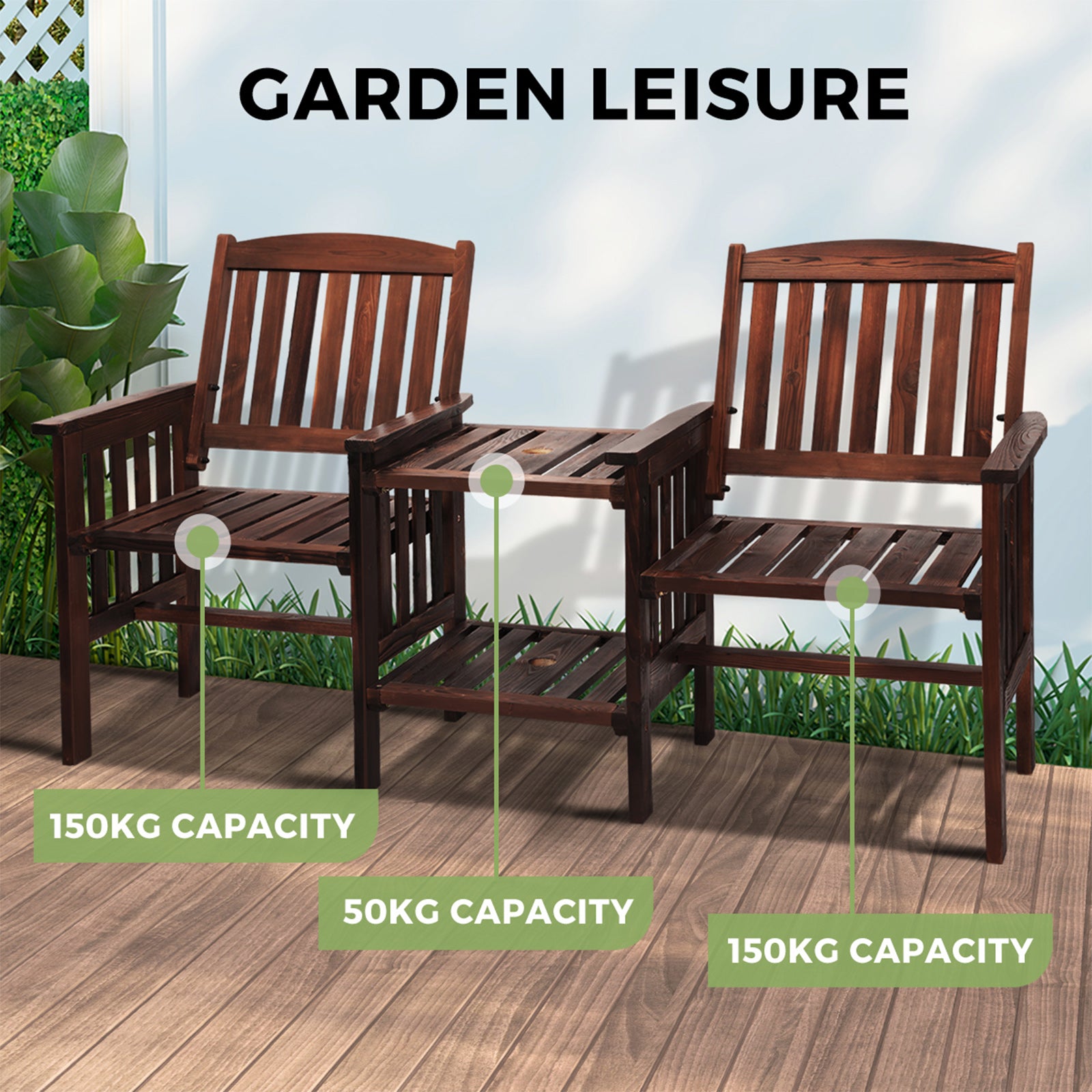 Livsip Outdoor Wooden Chair Garden Bench 2 Seat & Table Loveseat Patio Furniture - Sunyee