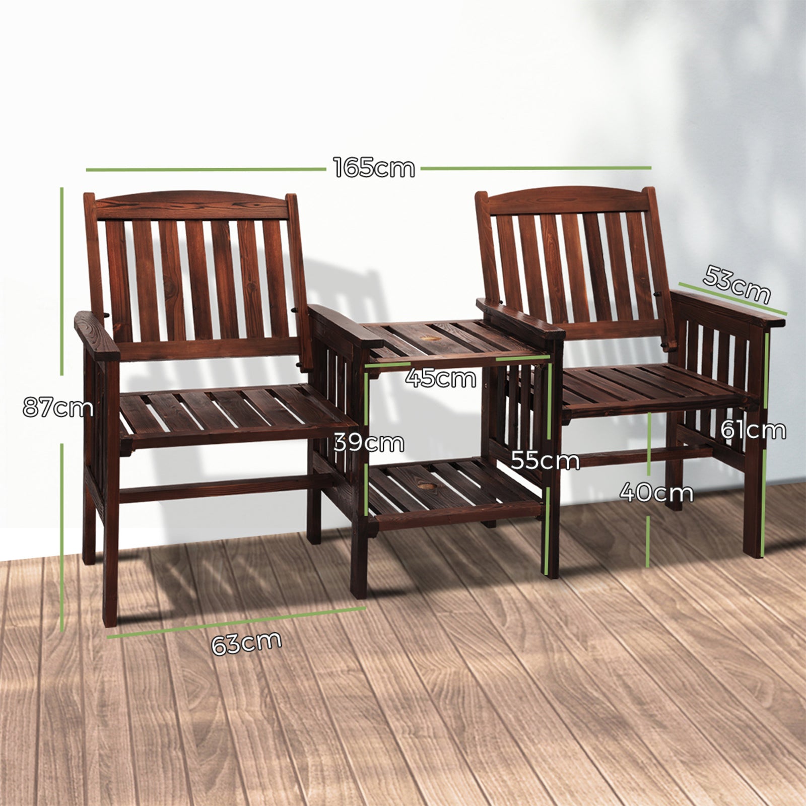 Livsip Outdoor Wooden Chair Garden Bench 2 Seat & Table Loveseat Patio Furniture - Sunyee