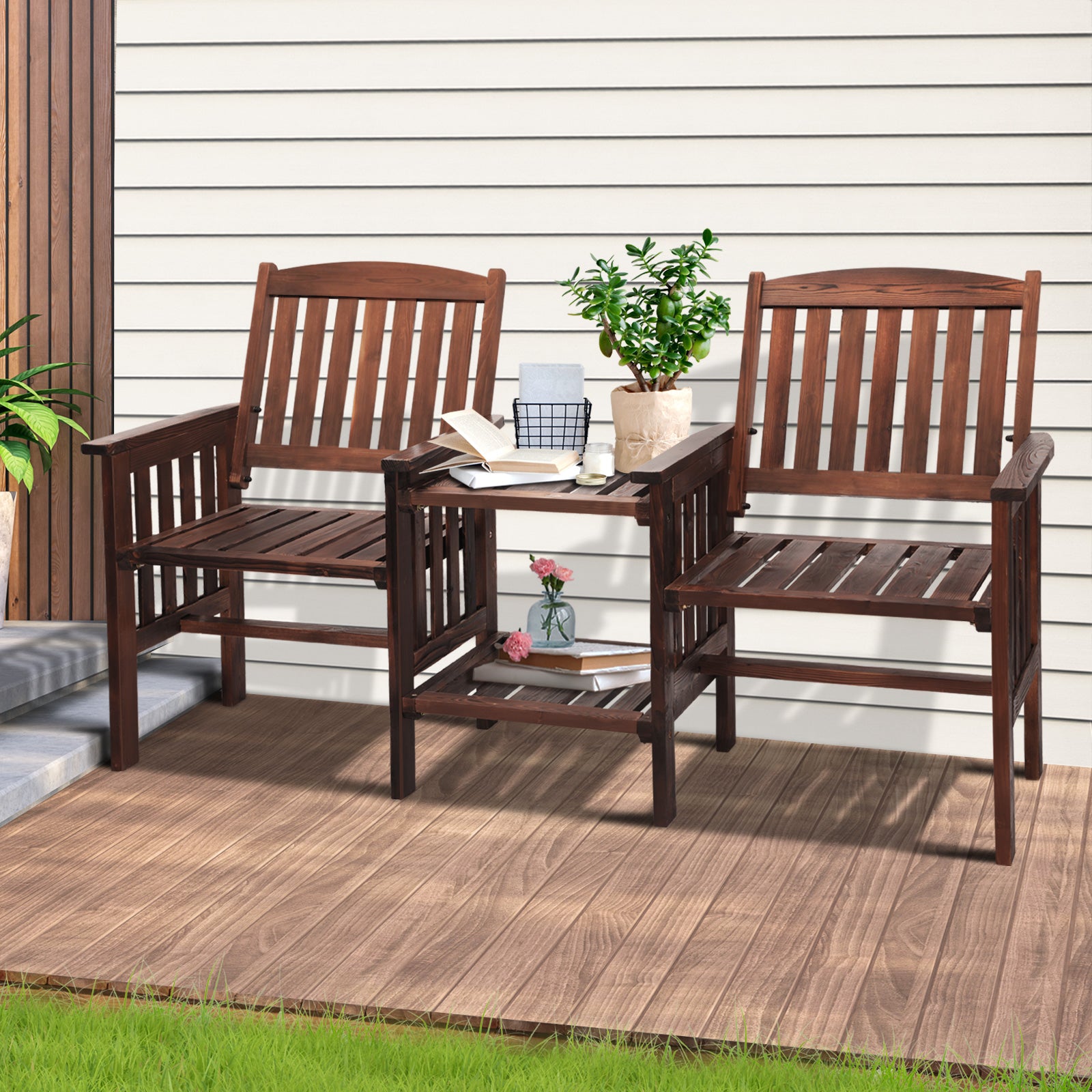 Livsip Outdoor Wooden Chair Garden Bench 2 Seat & Table Loveseat Patio Furniture - Sunyee