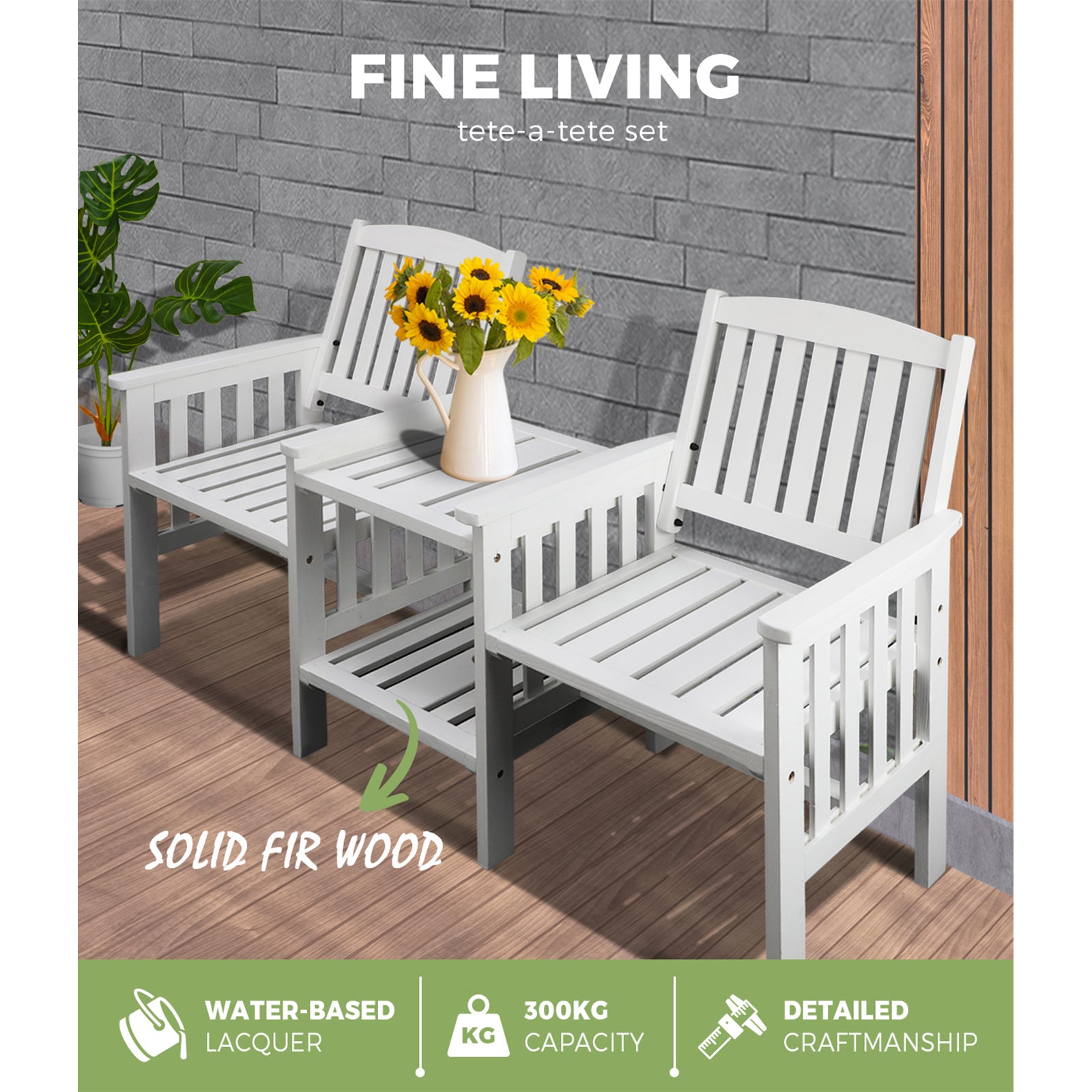 Livsip Wooden Garden Bench 2 Seat Table Loveseat Outdoor Patio Furniture White - Sunyee