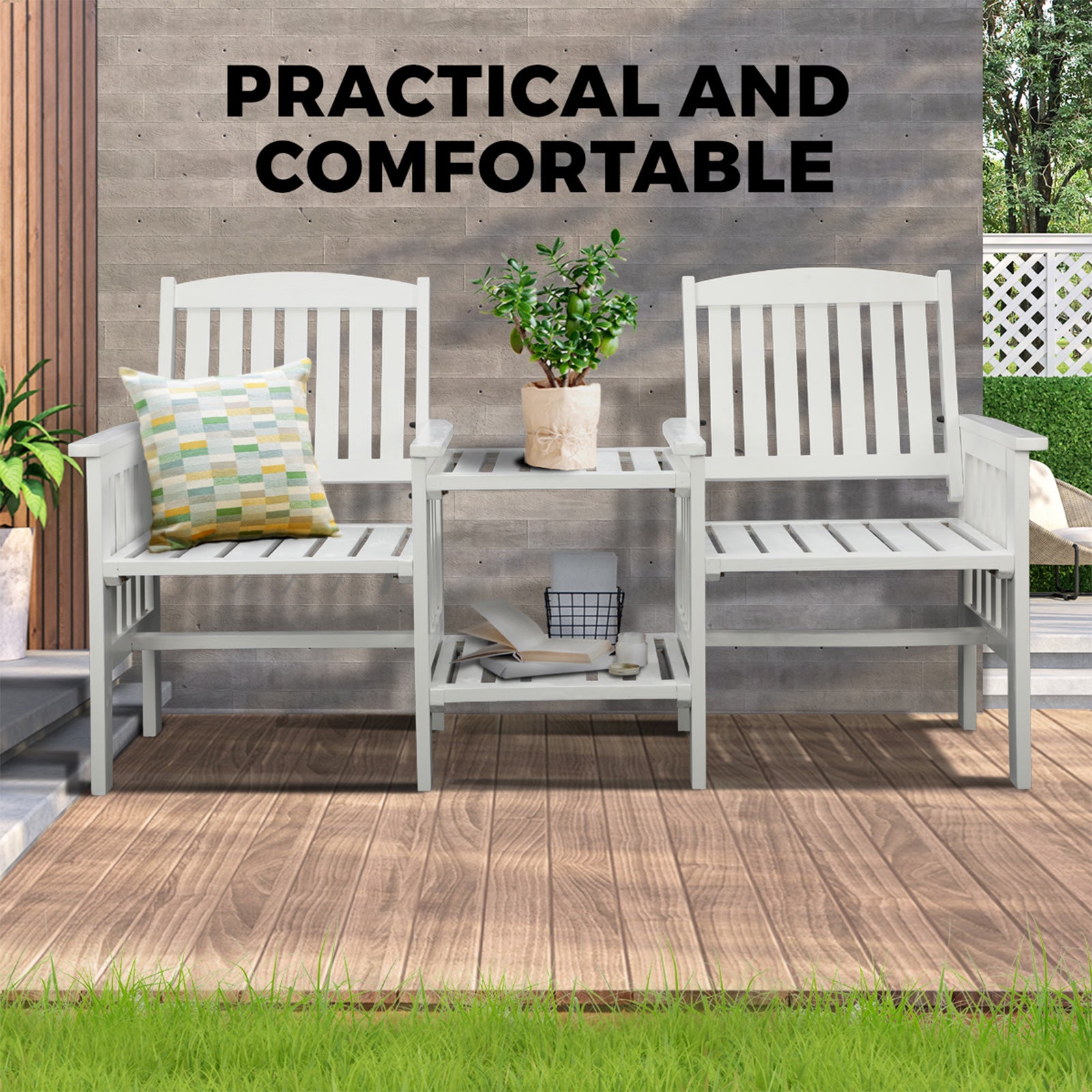 Livsip Wooden Garden Bench 2 Seat Table Loveseat Outdoor Patio Furniture White - Sunyee