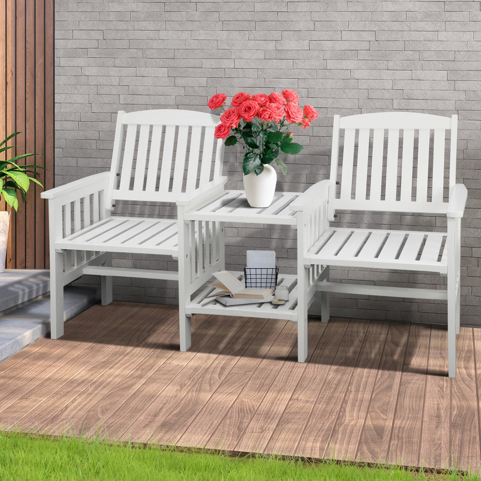 Livsip Wooden Garden Bench 2 Seat Table Loveseat Outdoor Patio Furniture White - Sunyee