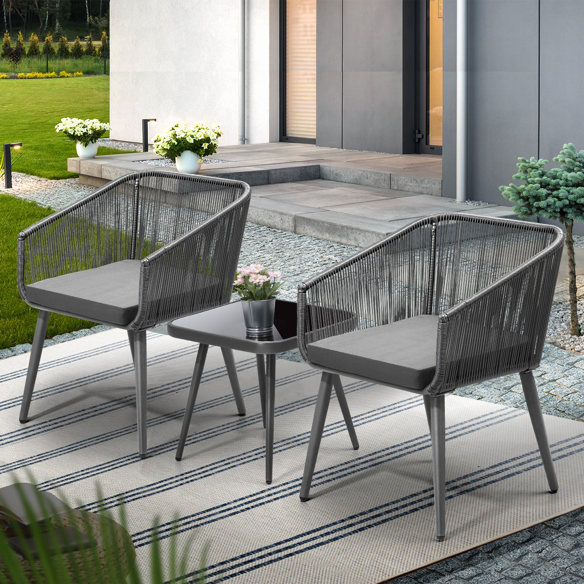 Livsip Outdoor Furniture 3 Piece Lounge Setting Chairs Side Table Bistro Set Pat - Sunyee