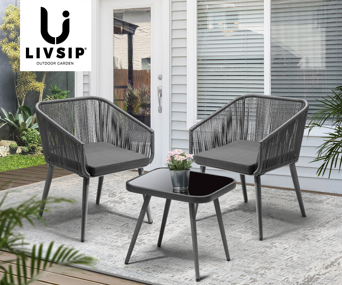 Livsip Outdoor Furniture 3 Piece Lounge Setting Chairs Side Table Bistro Set Pat - Sunyee