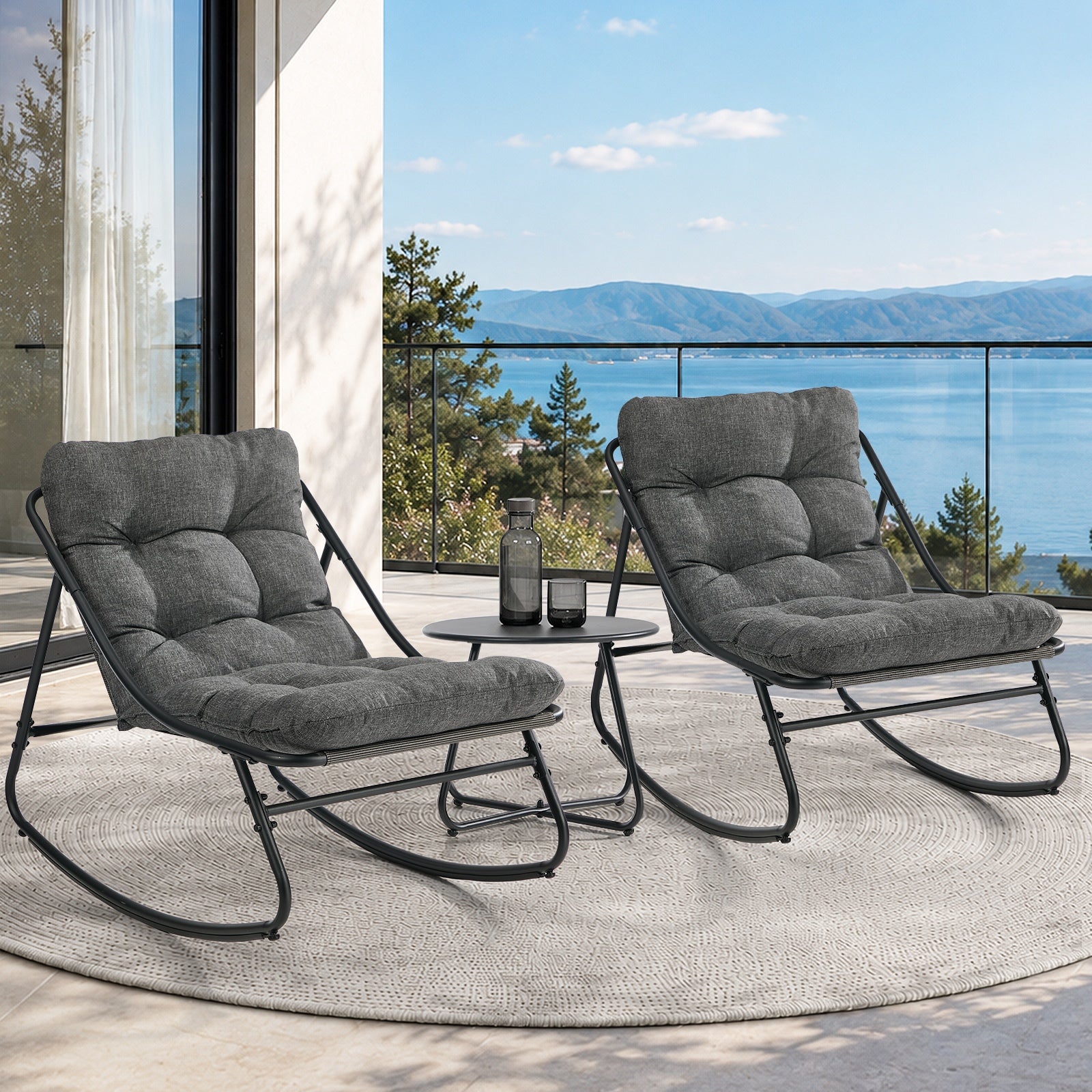 Livsip 3 Pieces Outdoor Patio Set Rocking Chair Table Textilene Lounge Grey