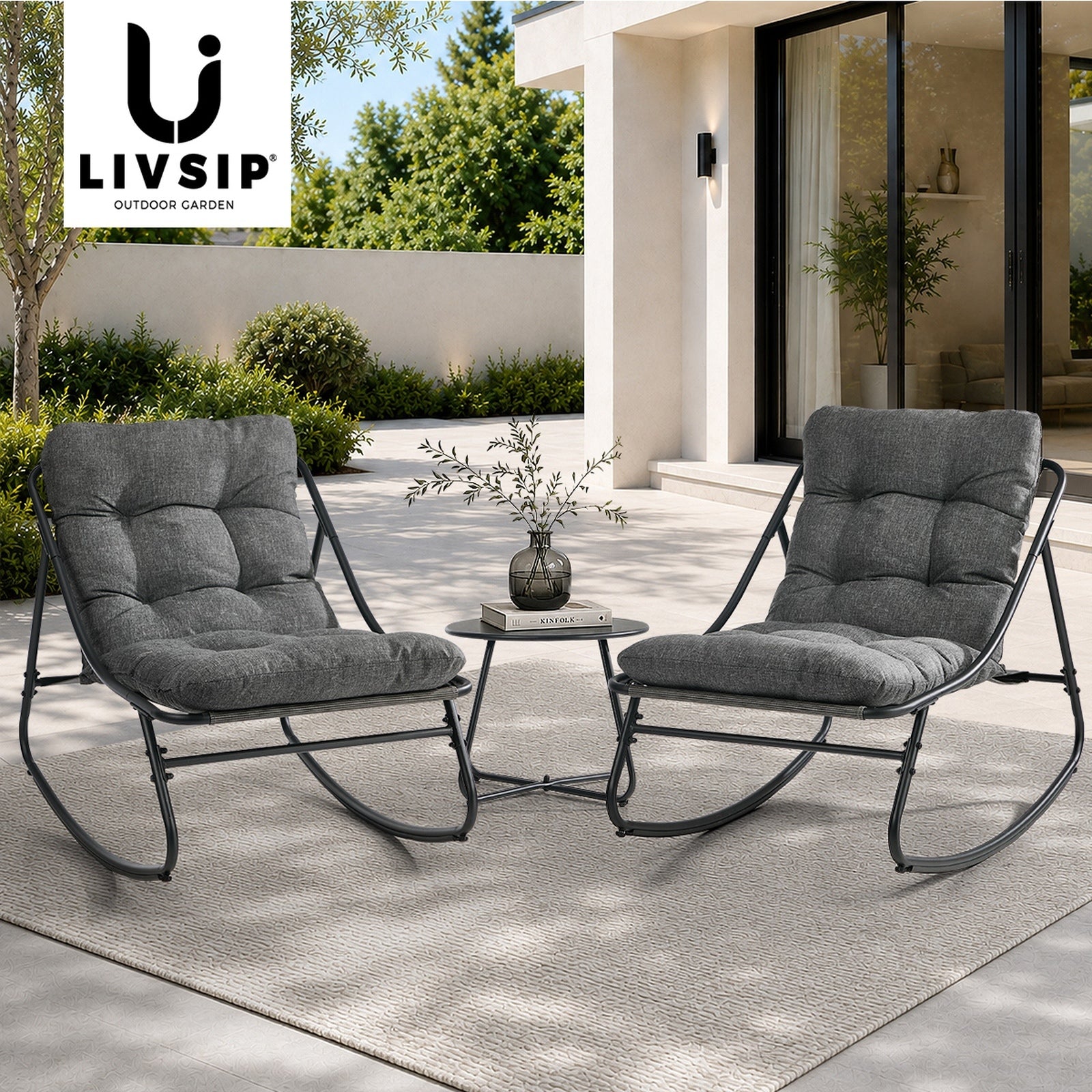 Livsip 3 Pieces Outdoor Patio Set Rocking Chair Table Textilene Lounge Grey