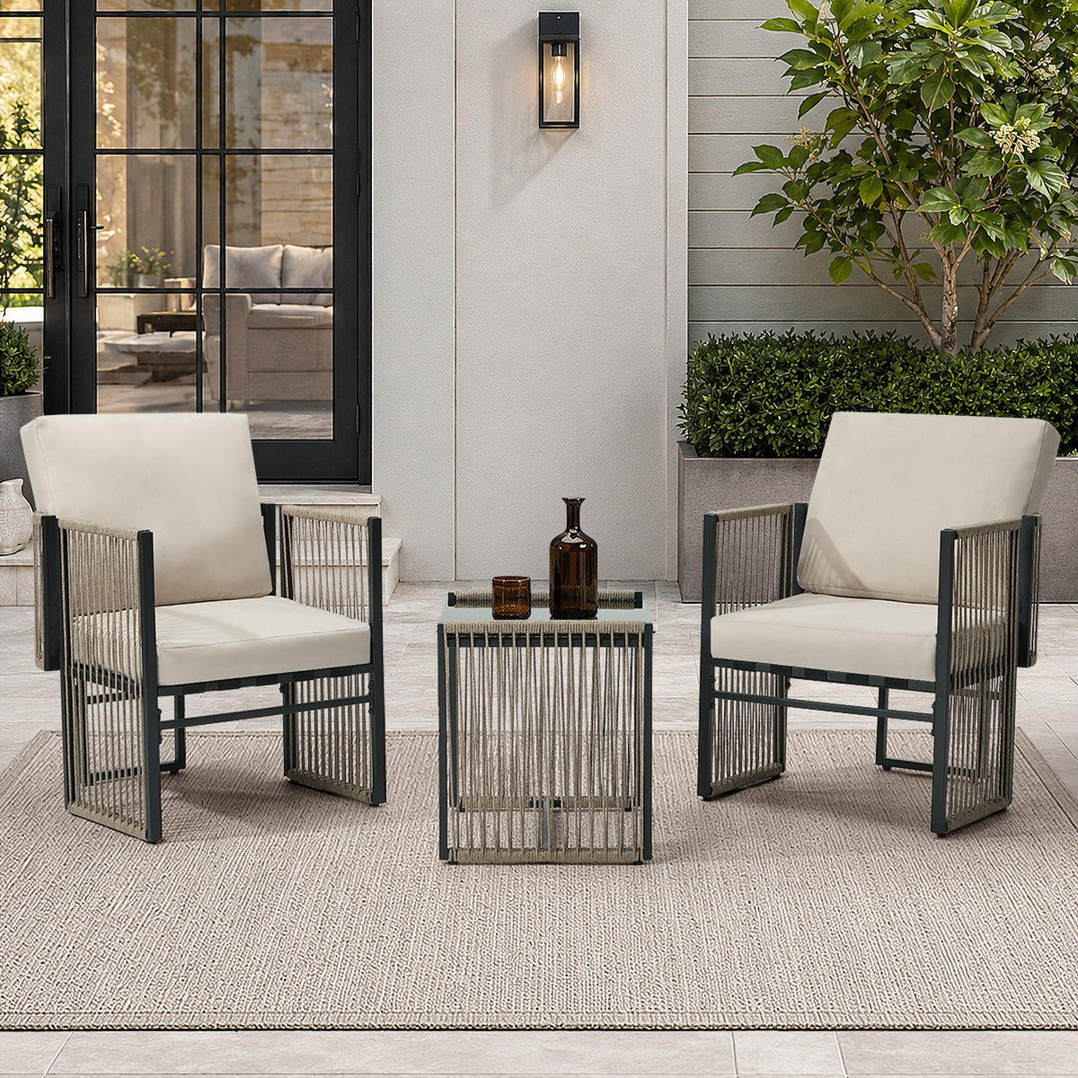 Oikiture 3 Pieces Outdoor Patio Set Bistro Setting with Cushions Woven Rope