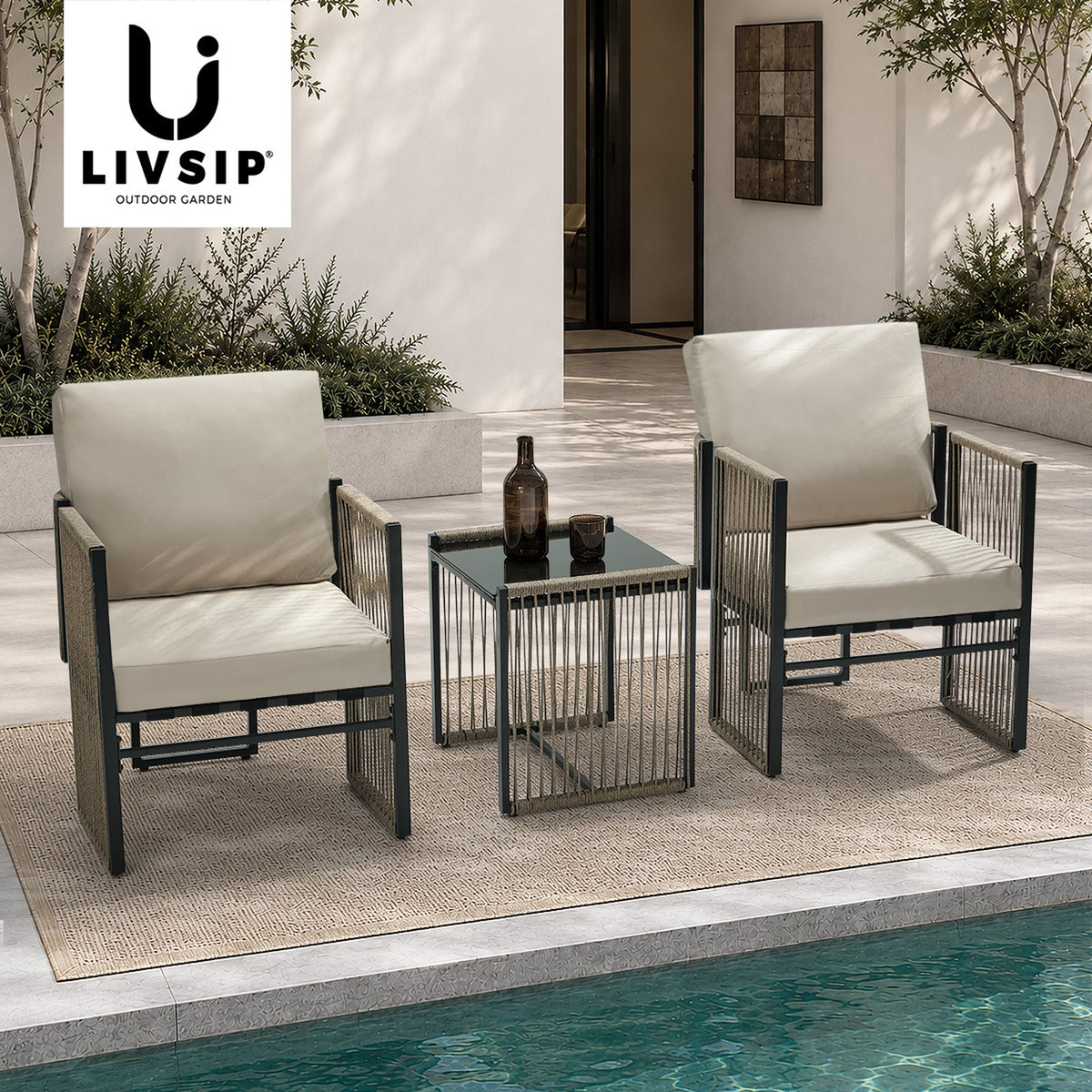 Oikiture 3 Pieces Outdoor Patio Set Bistro Setting with Cushions Woven Rope