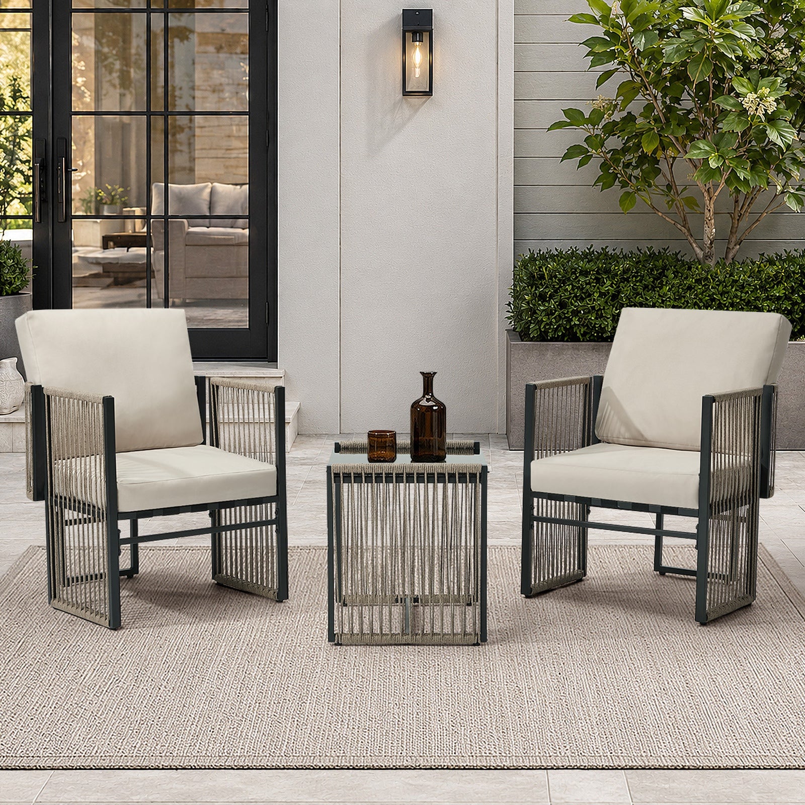 Oikiture 3 Pieces Outdoor Patio Set Bistro Setting with Cushions Woven Rope