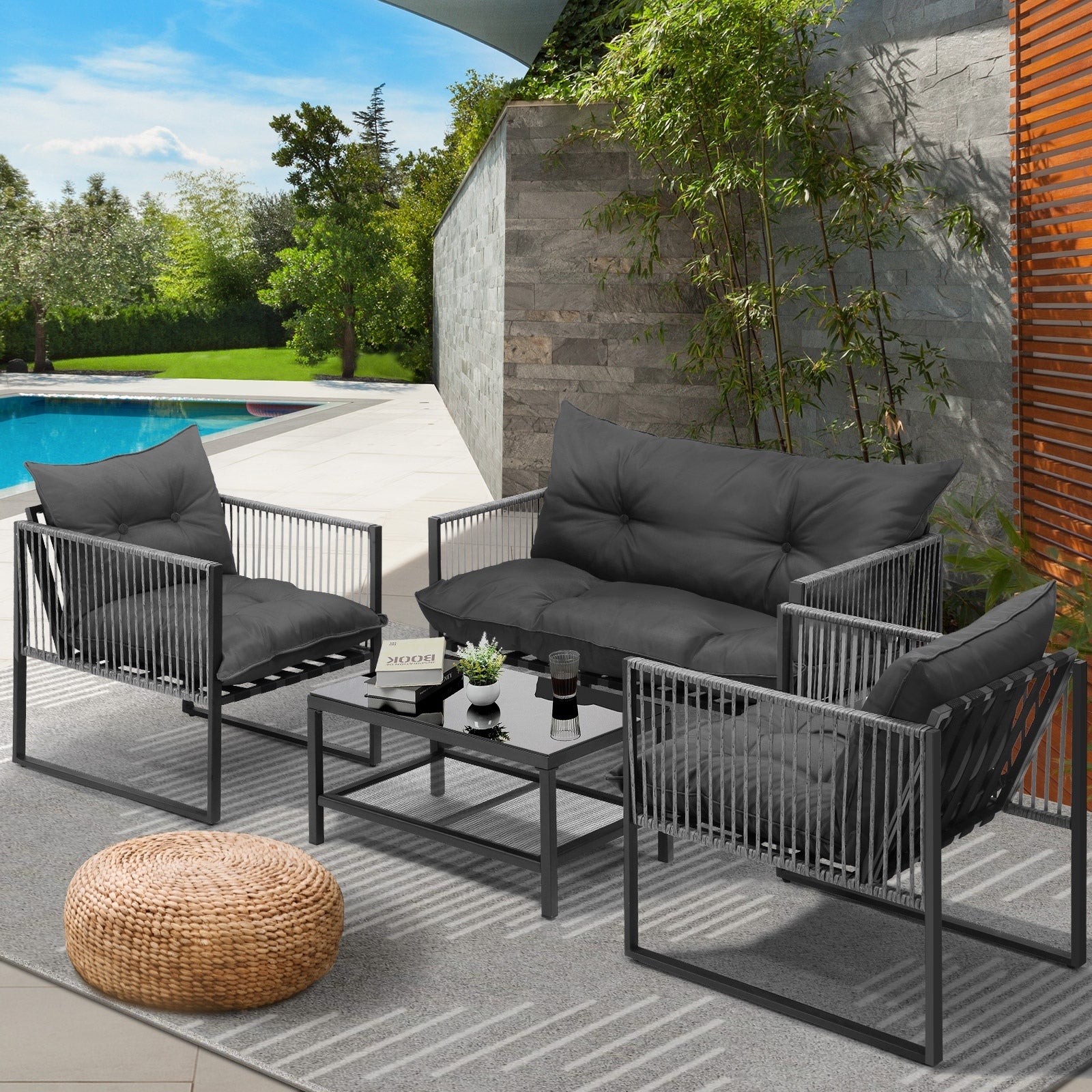 Livsip 4 Piece Outdoor Furniture Setting Garden Patio Lounge Sofa Chairs Grey - Sunyee