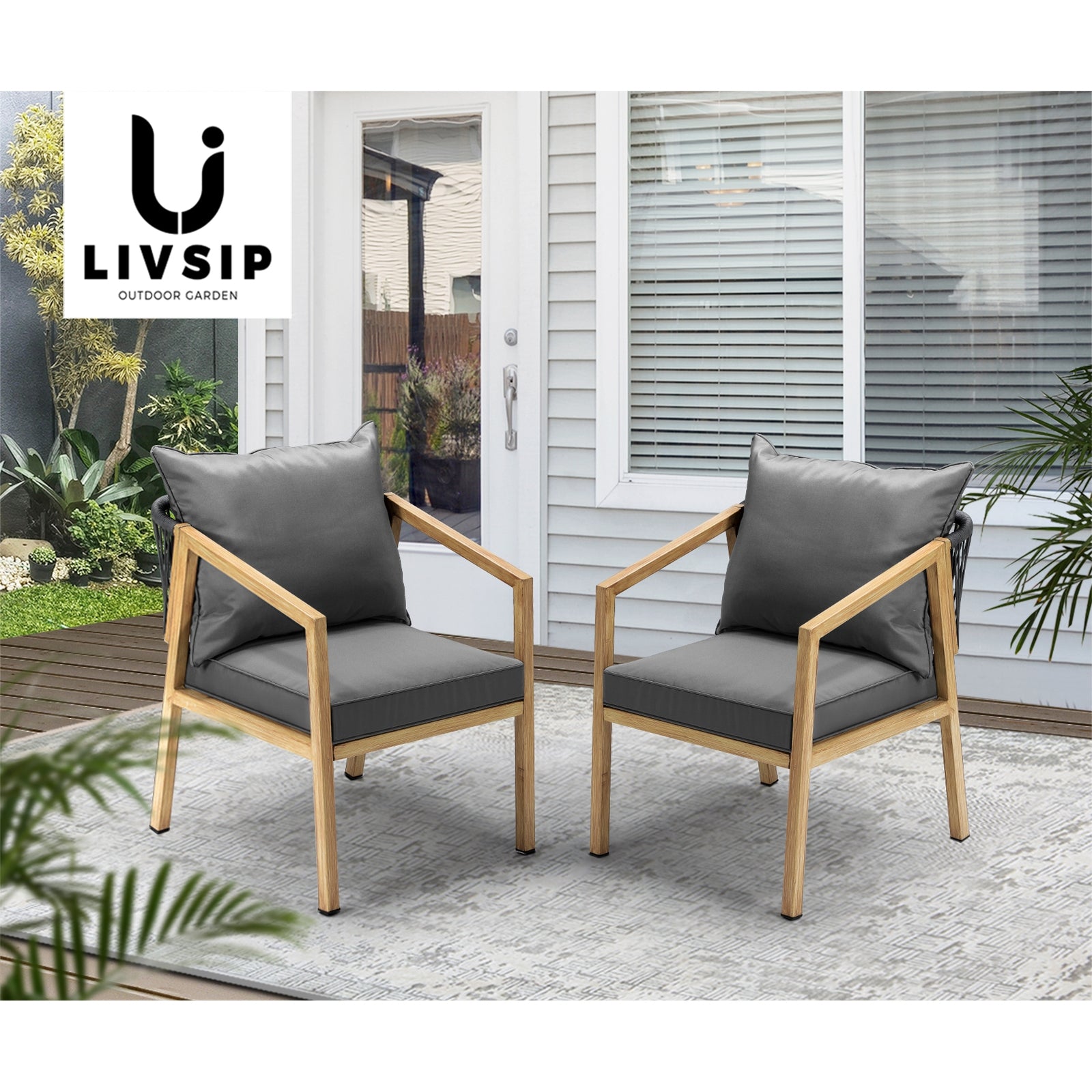 Livsip 2PCS Outdoor Furniture Chairs Garden Patio Lounge Set Steel Frame Beige - Sunyee
