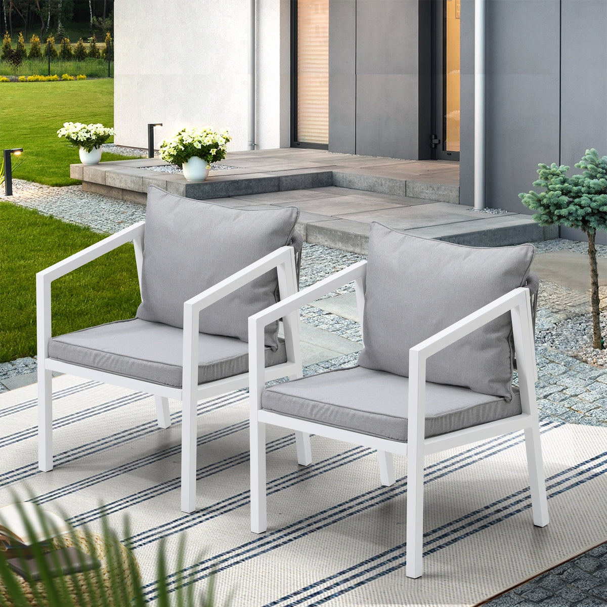Livsip 2PCS Outdoor Furniture Chairs Garden Patio Lounge Set Steel Frame White - Sunyee