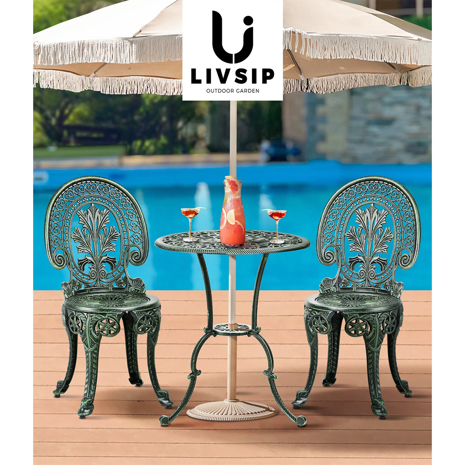 Livsip Bistro Setting Outdoor Cast Aluminium Table Chair Garden Furniture 3Piece - Sunyee