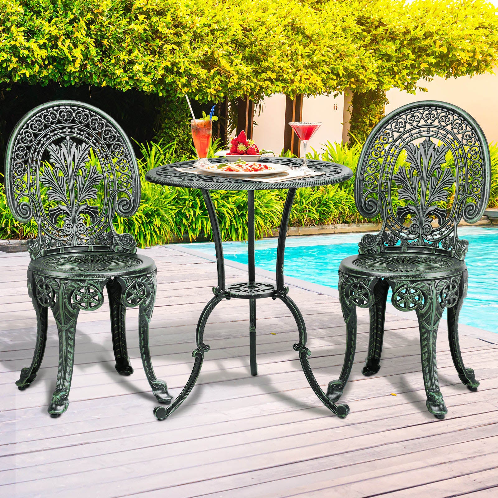 Livsip Bistro Setting Outdoor Cast Aluminium Table Chair Garden Furniture 3Piece - Sunyee