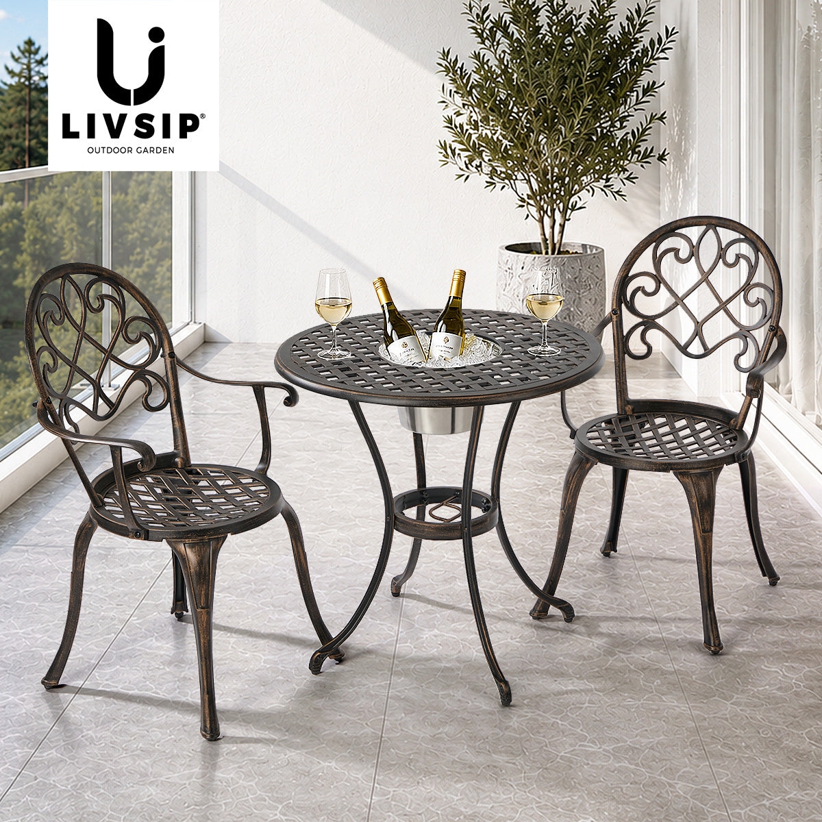 Livsip 3 Pieces Outdoor Patio Set Table Chairs Bistro Setting Cast Aluminium