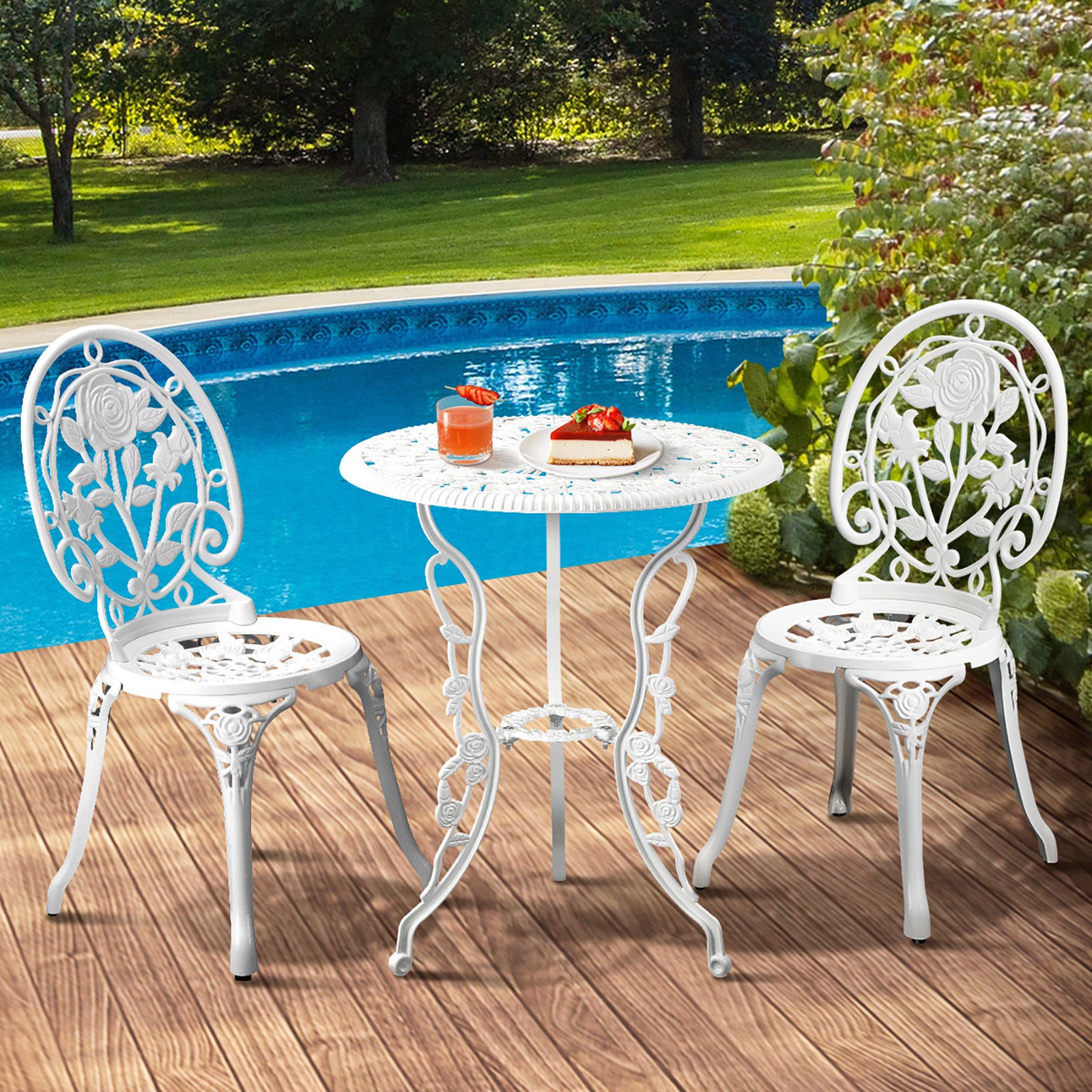 Livsip Outdoor Setting 3 Piece Bistro Chairs Table Set Cast Aluminum Patio Rose - Sunyee