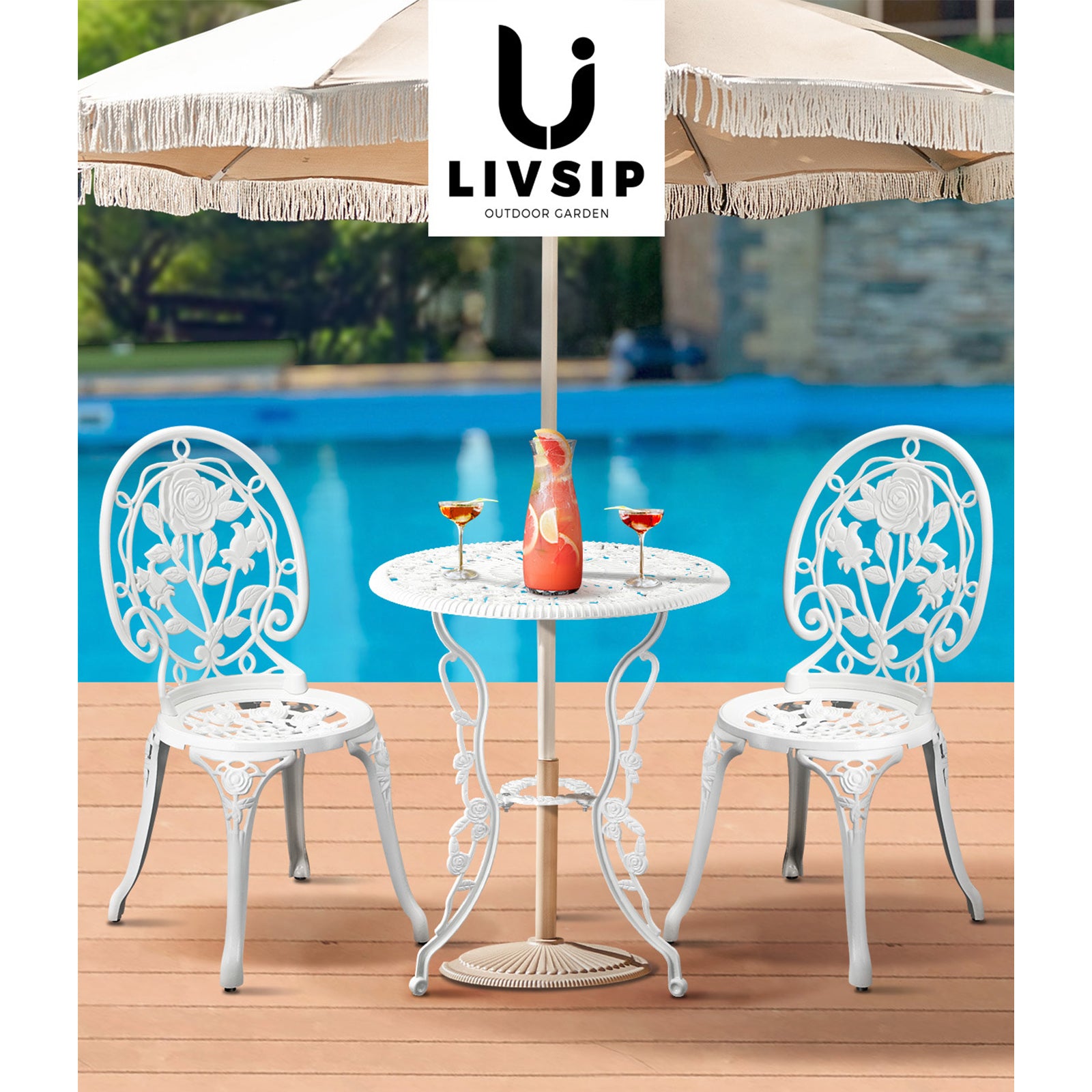 Livsip Outdoor Setting 3 Piece Bistro Chairs Table Set Cast Aluminum Patio Rose - Sunyee