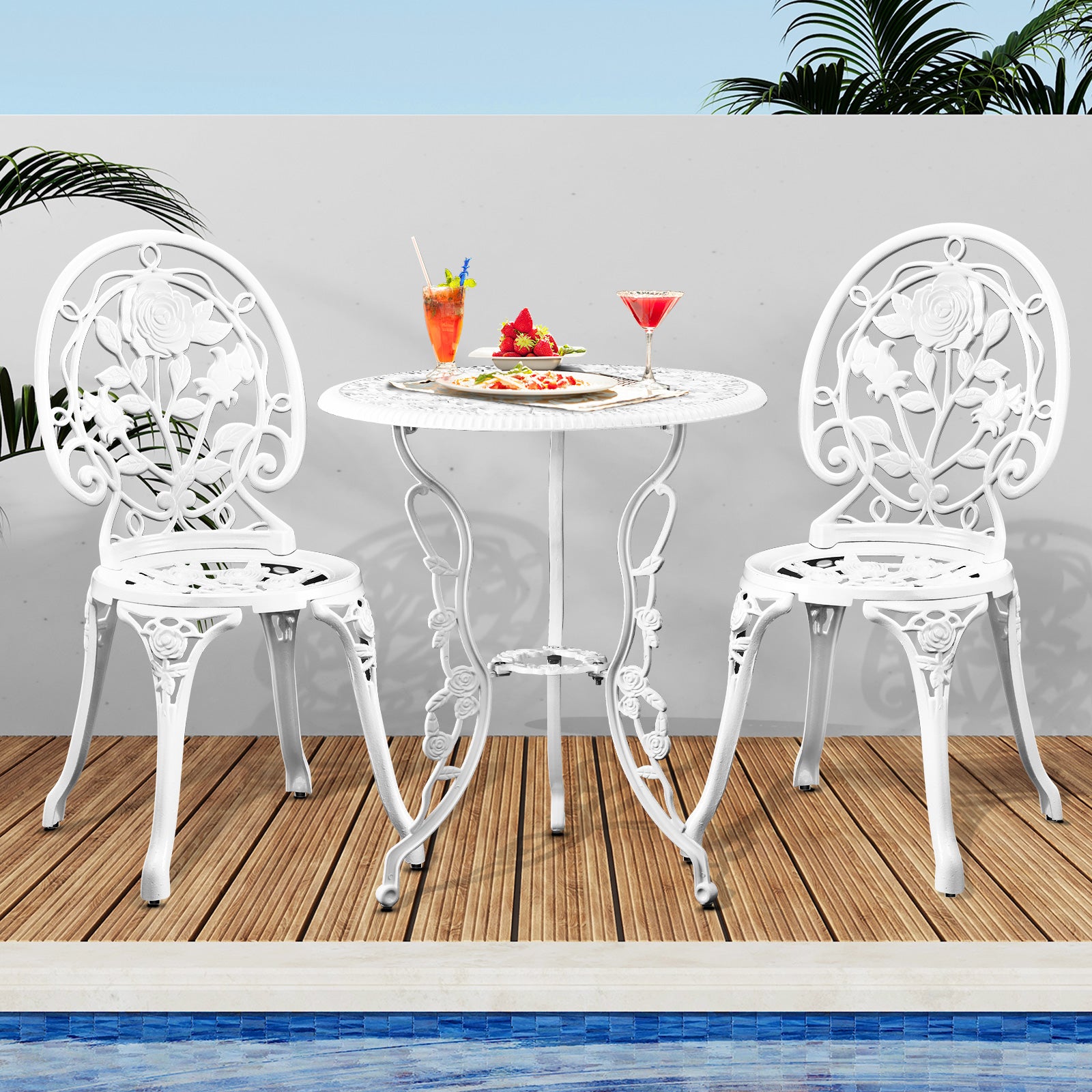 Livsip Outdoor Setting 3 Piece Bistro Chairs Table Set Cast Aluminum Patio Rose - Sunyee