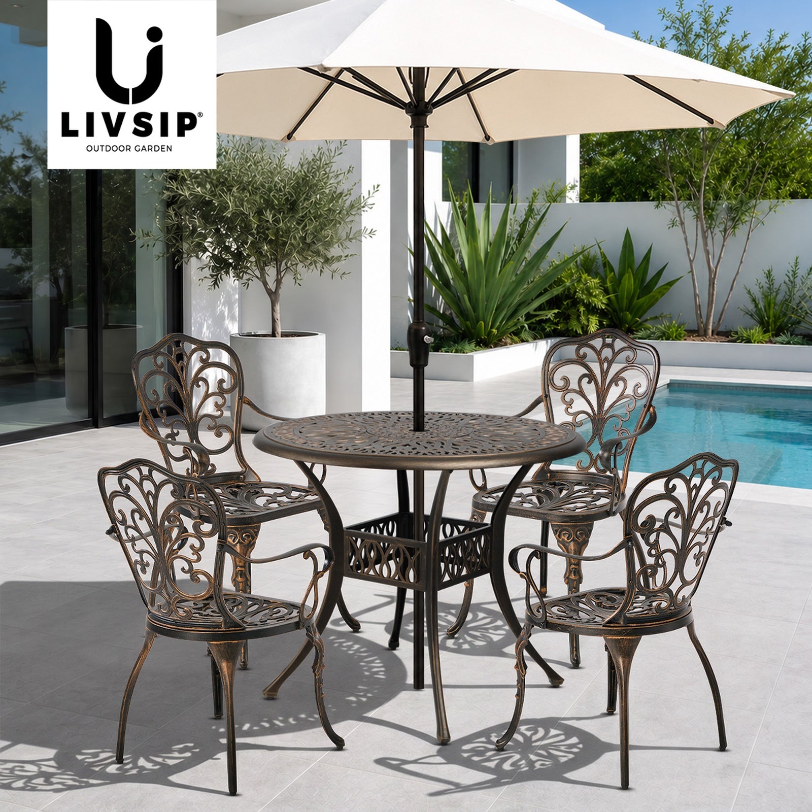 Livsip 5 Piece Outdoor Patio Set Table Chairs Bistro Cast Aluminium Furniture