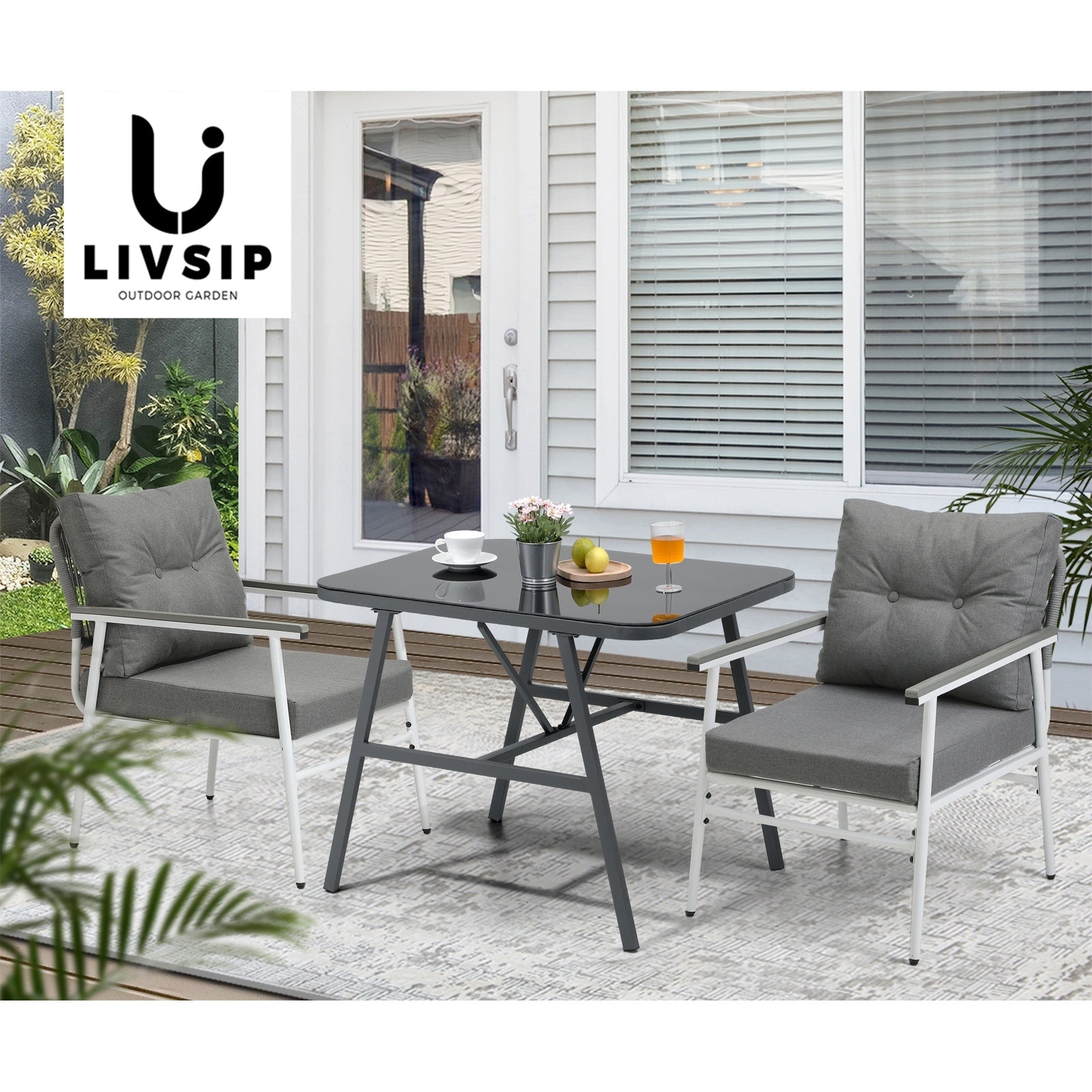 Livsip Outdoor Dining Set Patio Furniture Setting Garden Table and Chairs 3PCS - Sunyee