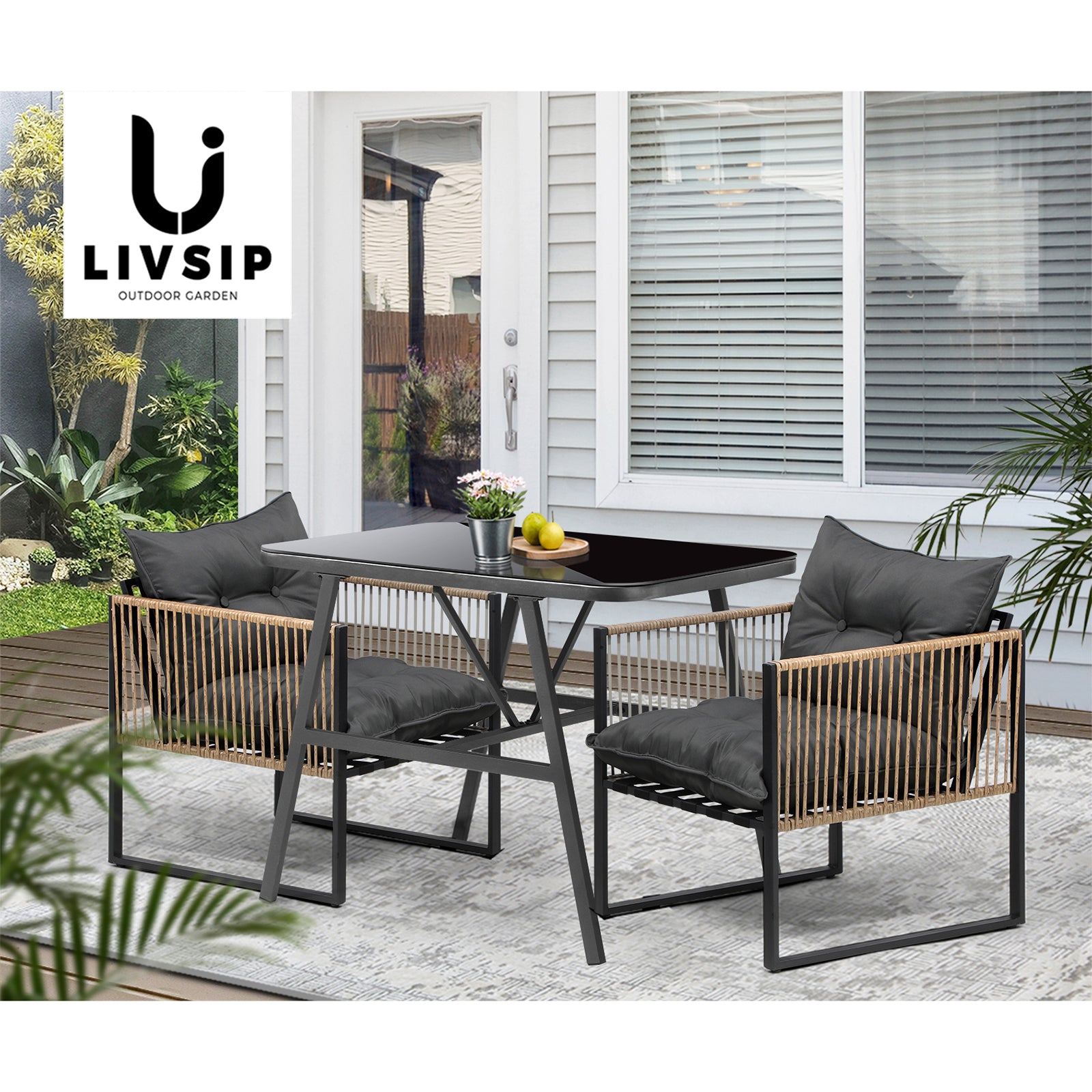 Livsip Outdoor Dining Setting 2 Seater Lounge Patio Furniture Table Chairs Set - Sunyee