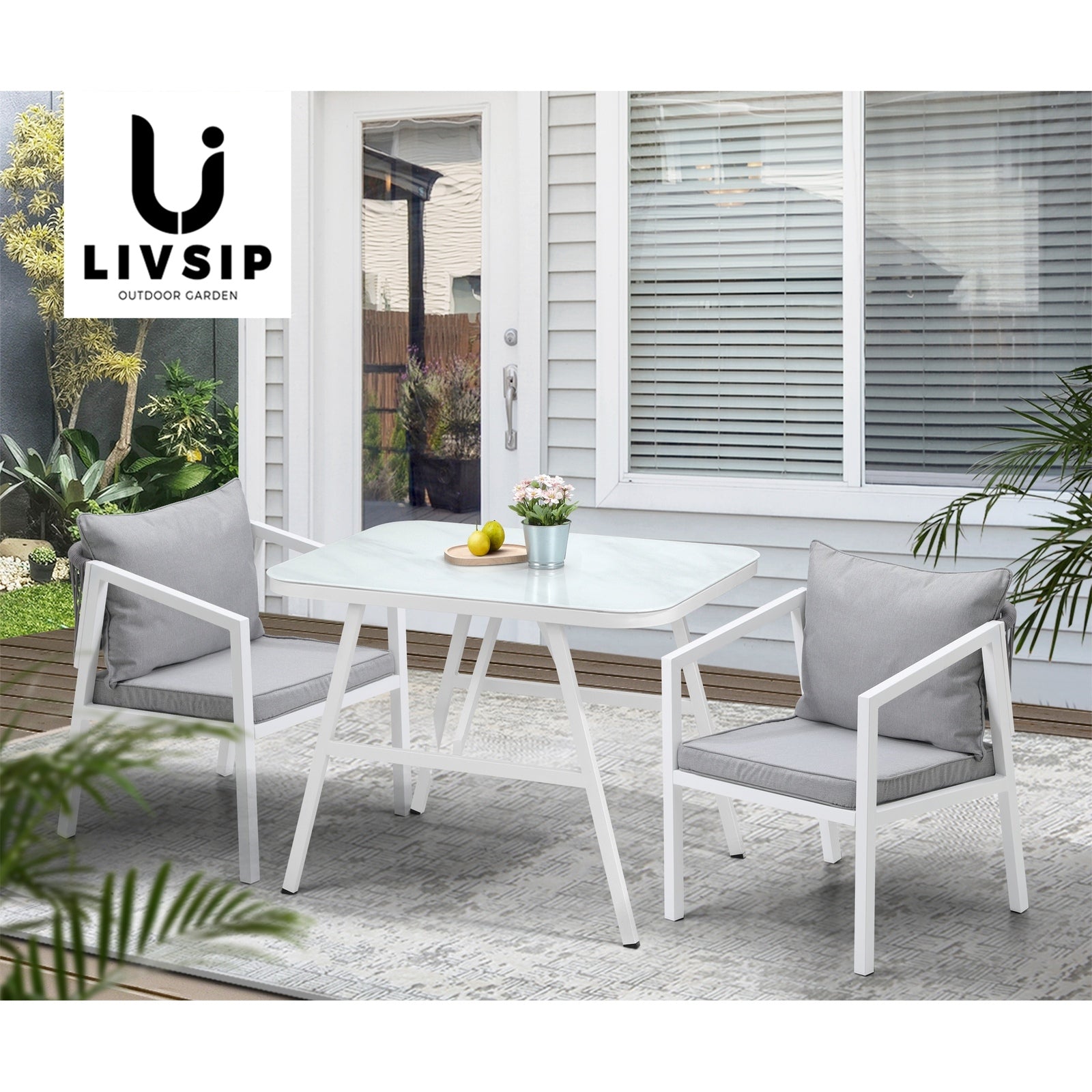 Livsip Outdoor Dining Set Marble-style Table Garden Patio Furniture Setting 3PCS - Sunyee