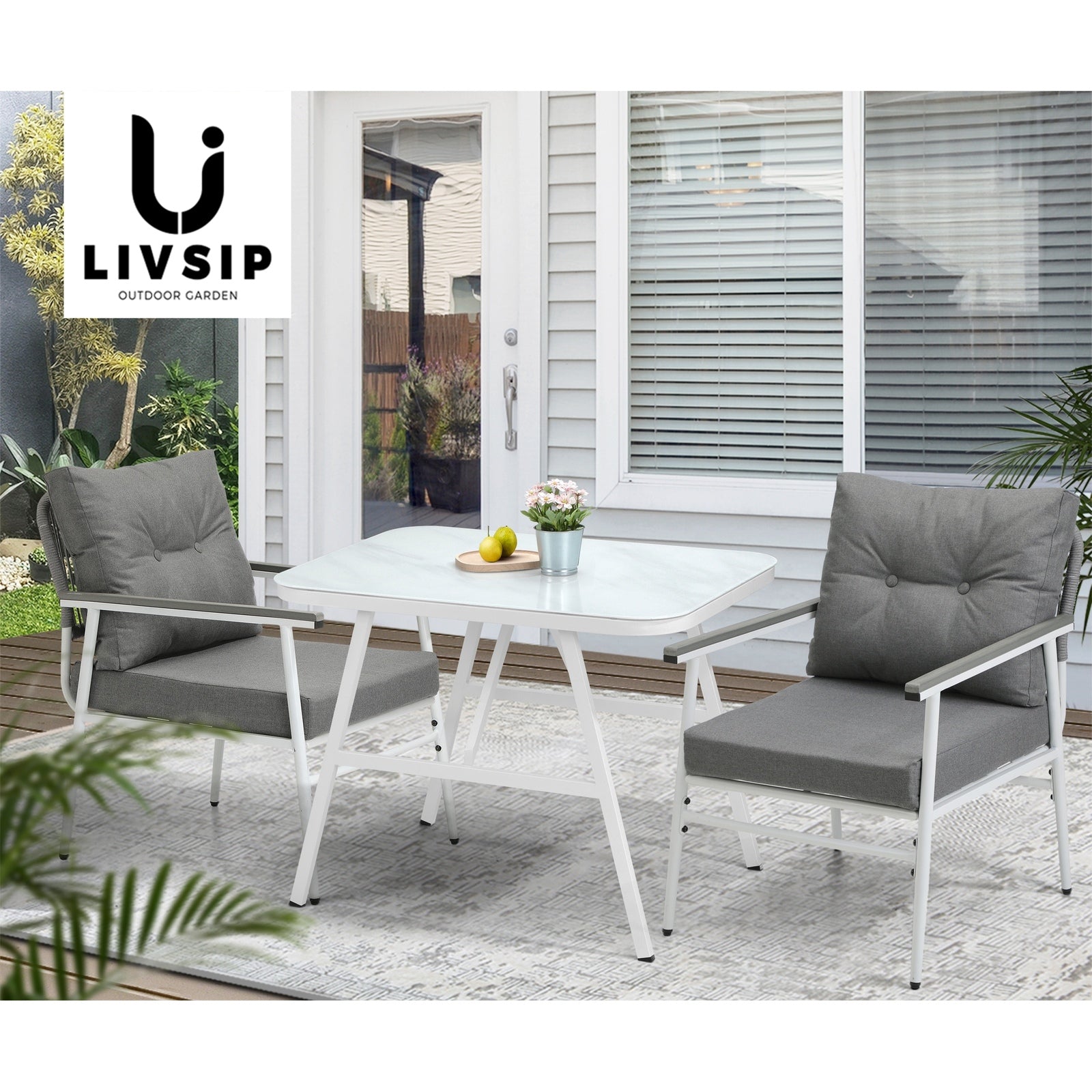 Livsip Outdoor Dining Set Garden Furniture Setting Marble-style Table 3 Piece - Sunyee