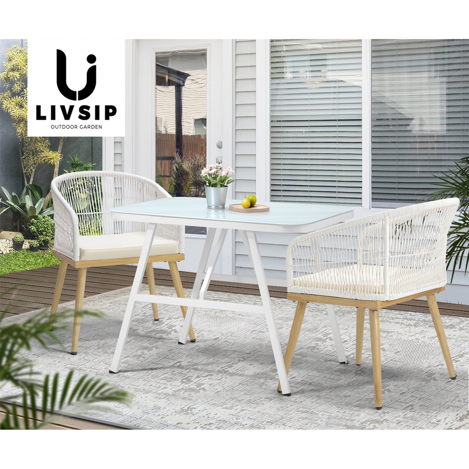 Livsip Outdoor Dining Set Patio Furniture Setting Garden Marble-style Table 3PCS - Sunyee