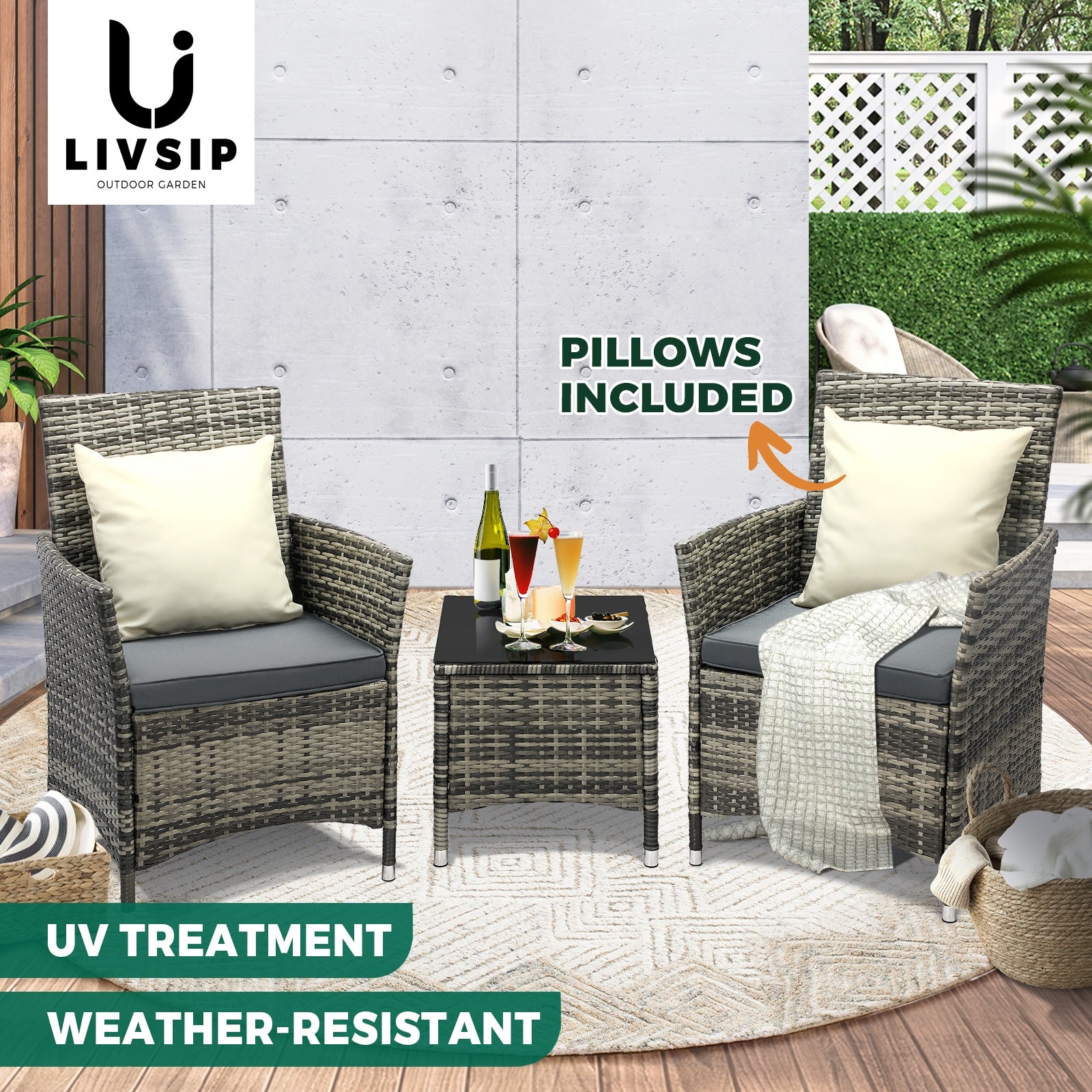 Livsip Outdoor Furniture Setting 3 Piece Wicker Bistro Set Patio Chairs Table - Sunyee