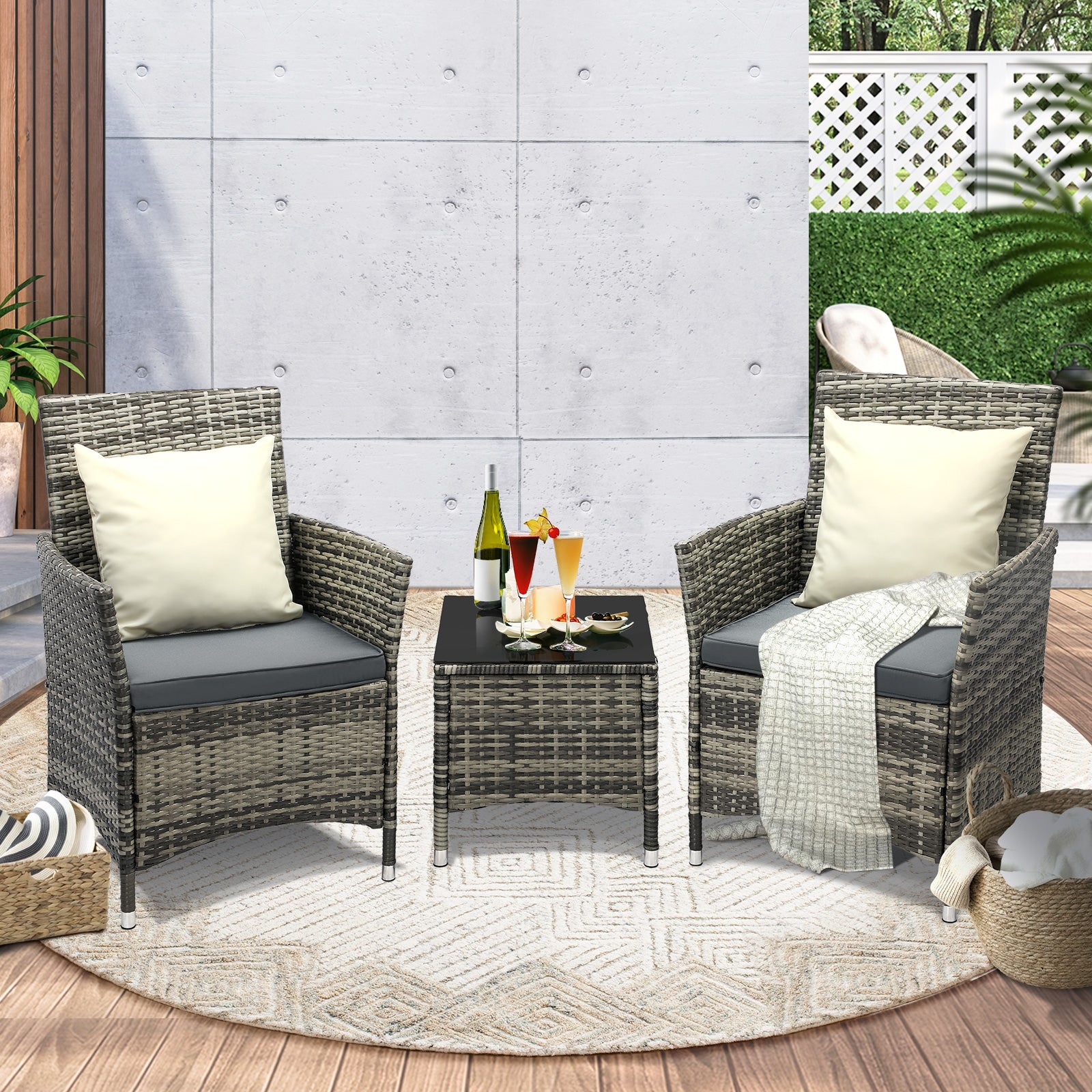 Livsip Outdoor Furniture Setting 3 Piece Wicker Bistro Set Patio Chairs Table - Sunyee