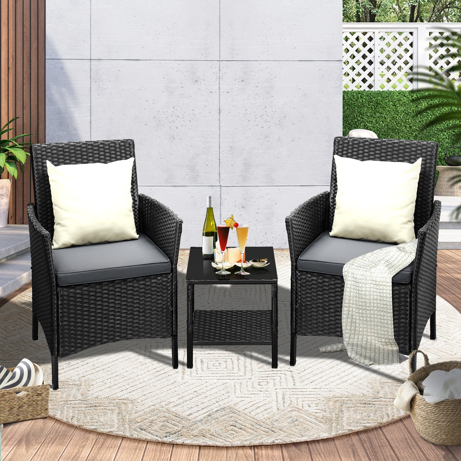 Livsip Outdoor Furniture 3 Piece Wicker Bistro Set Patio Chairs Table Garden - Sunyee