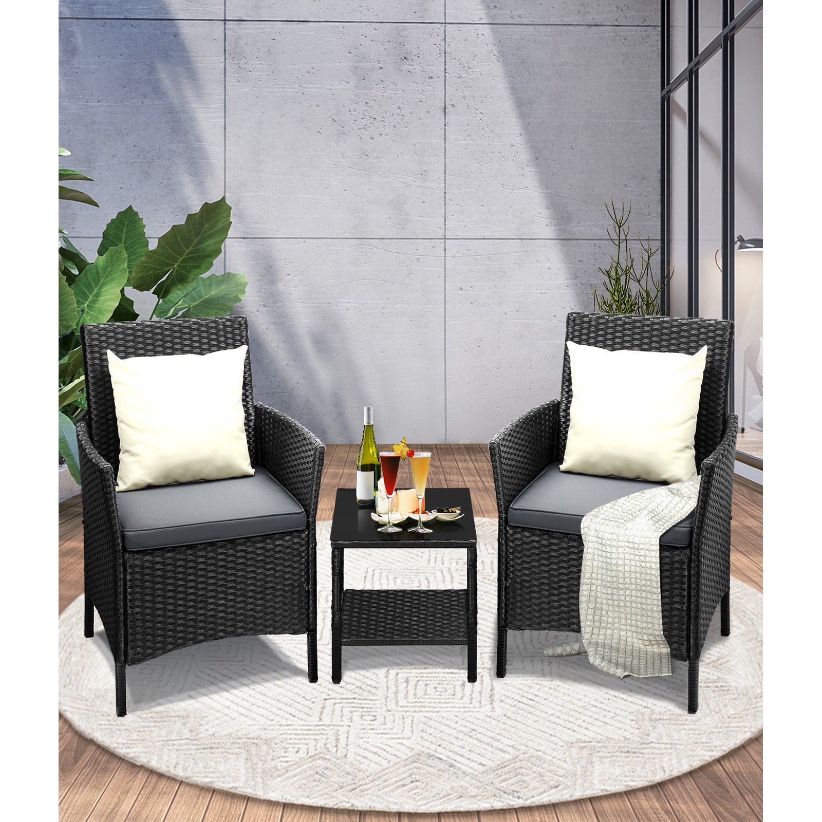 Livsip Outdoor Furniture 3 Piece Wicker Bistro Set Patio Chairs Table Garden - Sunyee