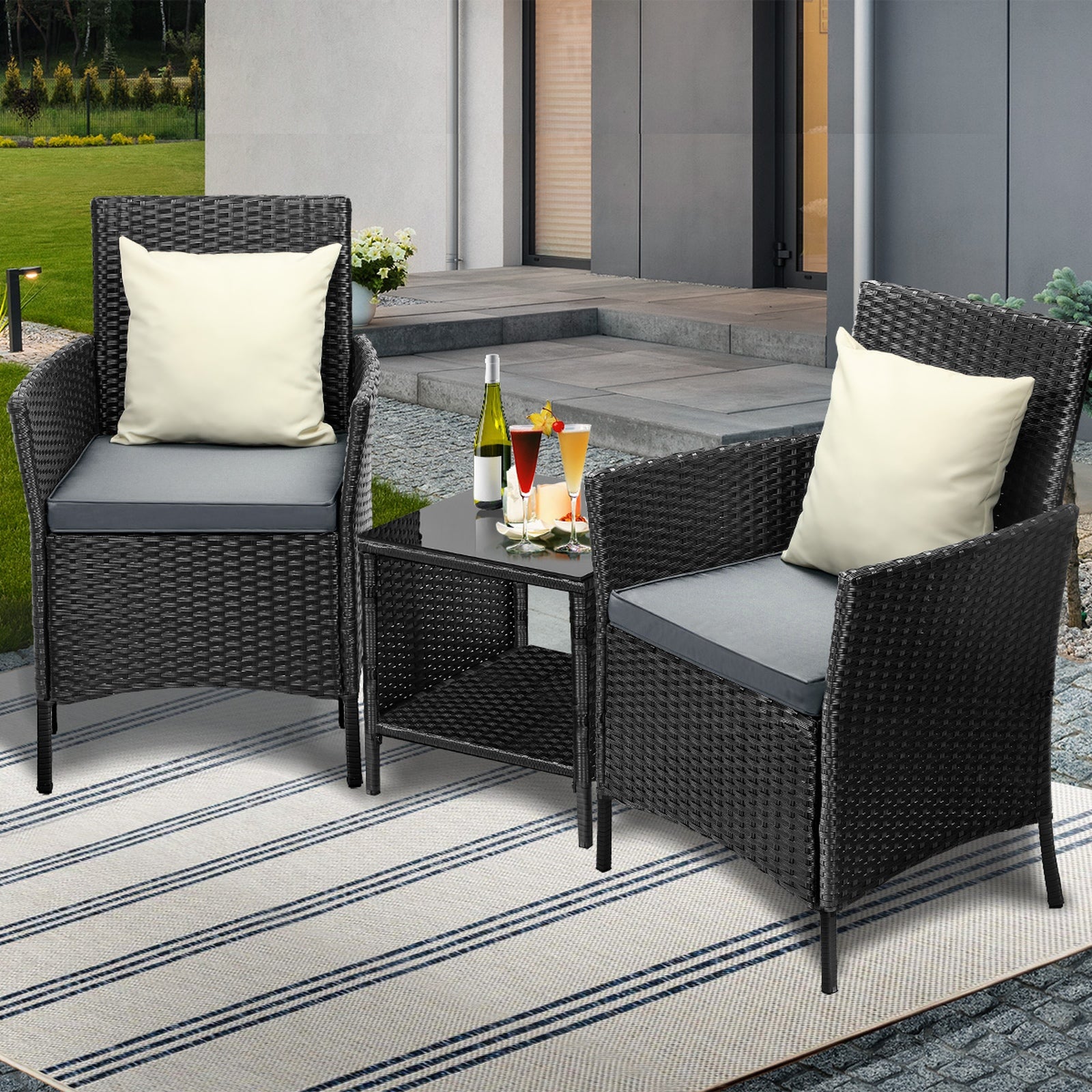 Livsip Outdoor Furniture 3 Piece Wicker Bistro Set Patio Chairs Table Garden - Sunyee