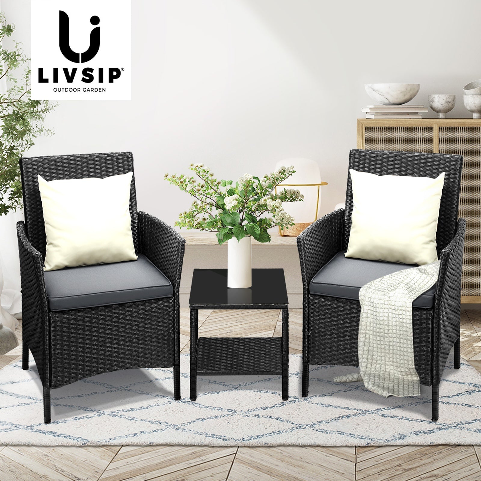 Livsip Outdoor Furniture 3 Piece Wicker Bistro Set Patio Chairs Table Garden - Sunyee