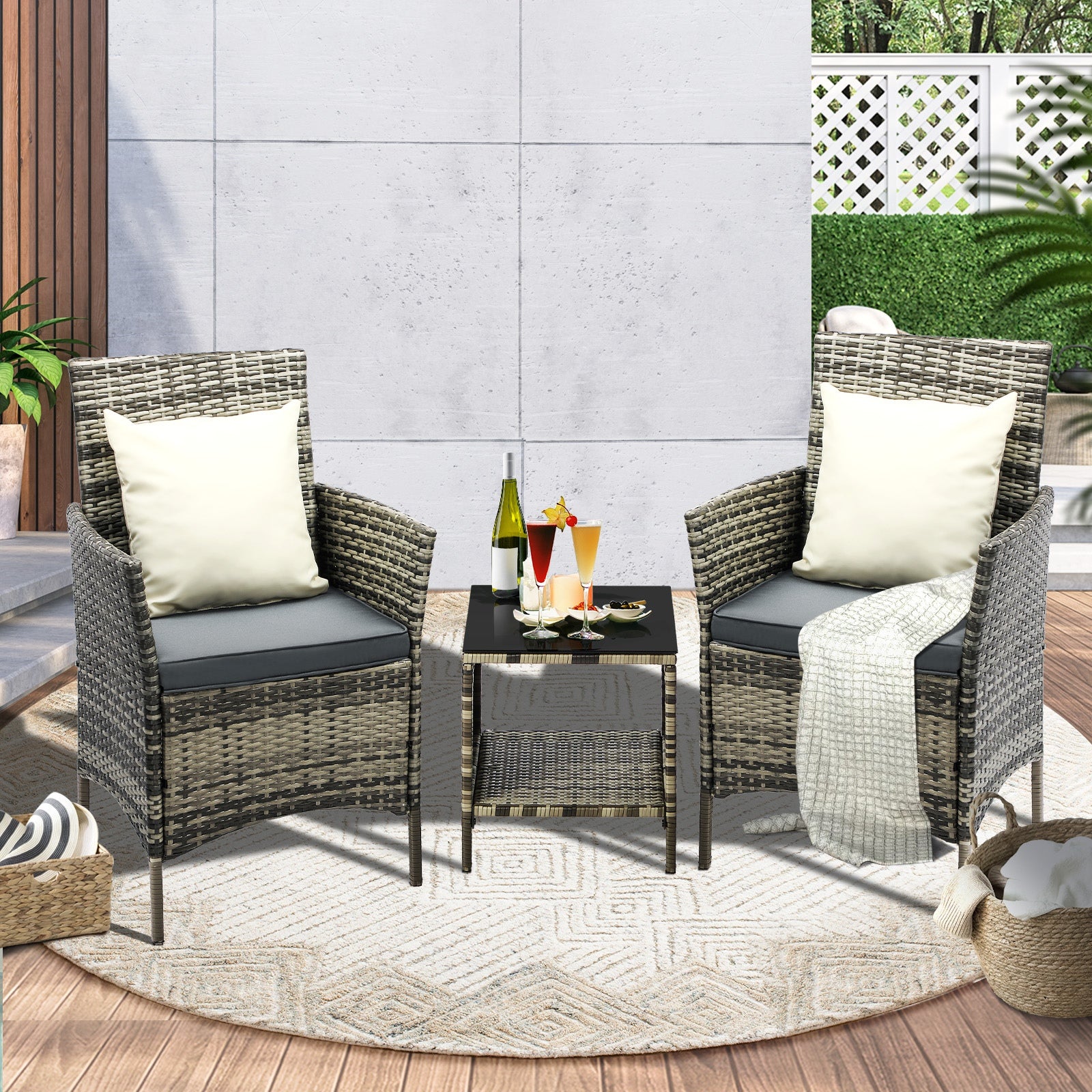 Livsip Outdoor Furniture Setting 3 Piece Wicker Bistro Set Patio Chairs Table - Sunyee
