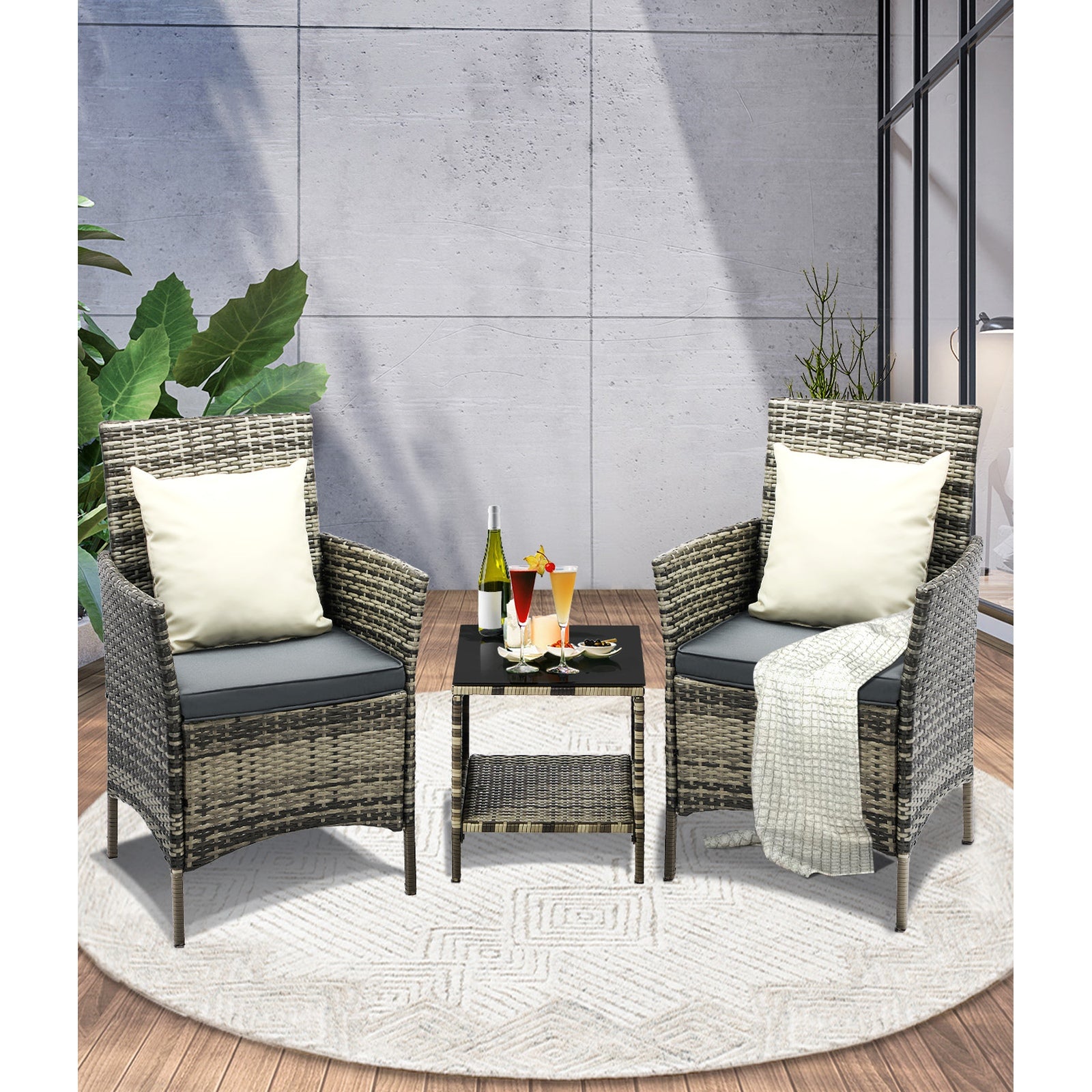 Livsip Outdoor Furniture Setting 3 Piece Wicker Bistro Set Patio Chairs Table - Sunyee