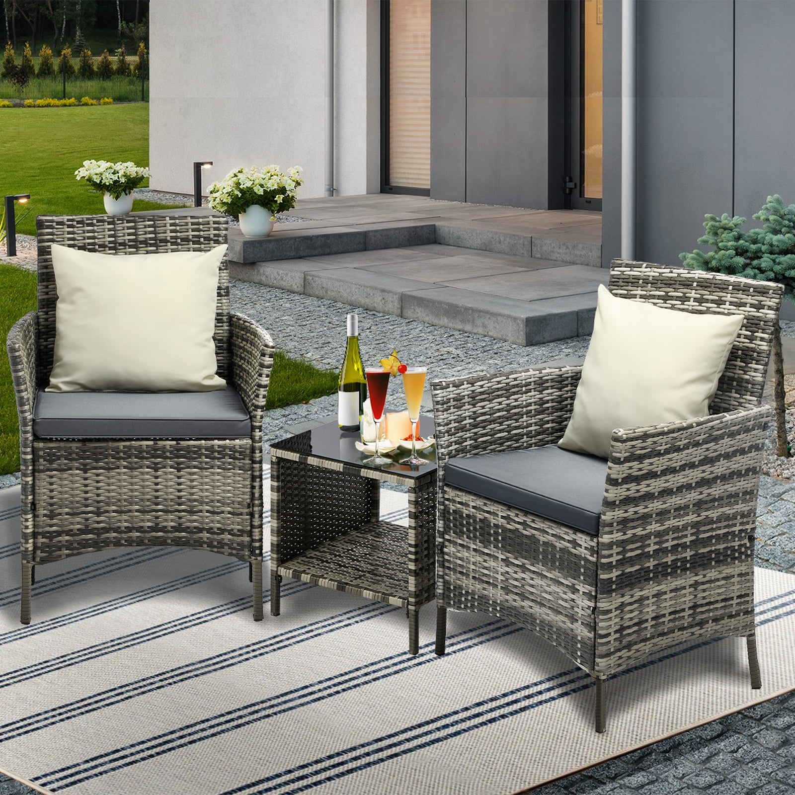 Livsip Outdoor Furniture Setting 3 Piece Wicker Bistro Set Patio Chairs Table - Sunyee