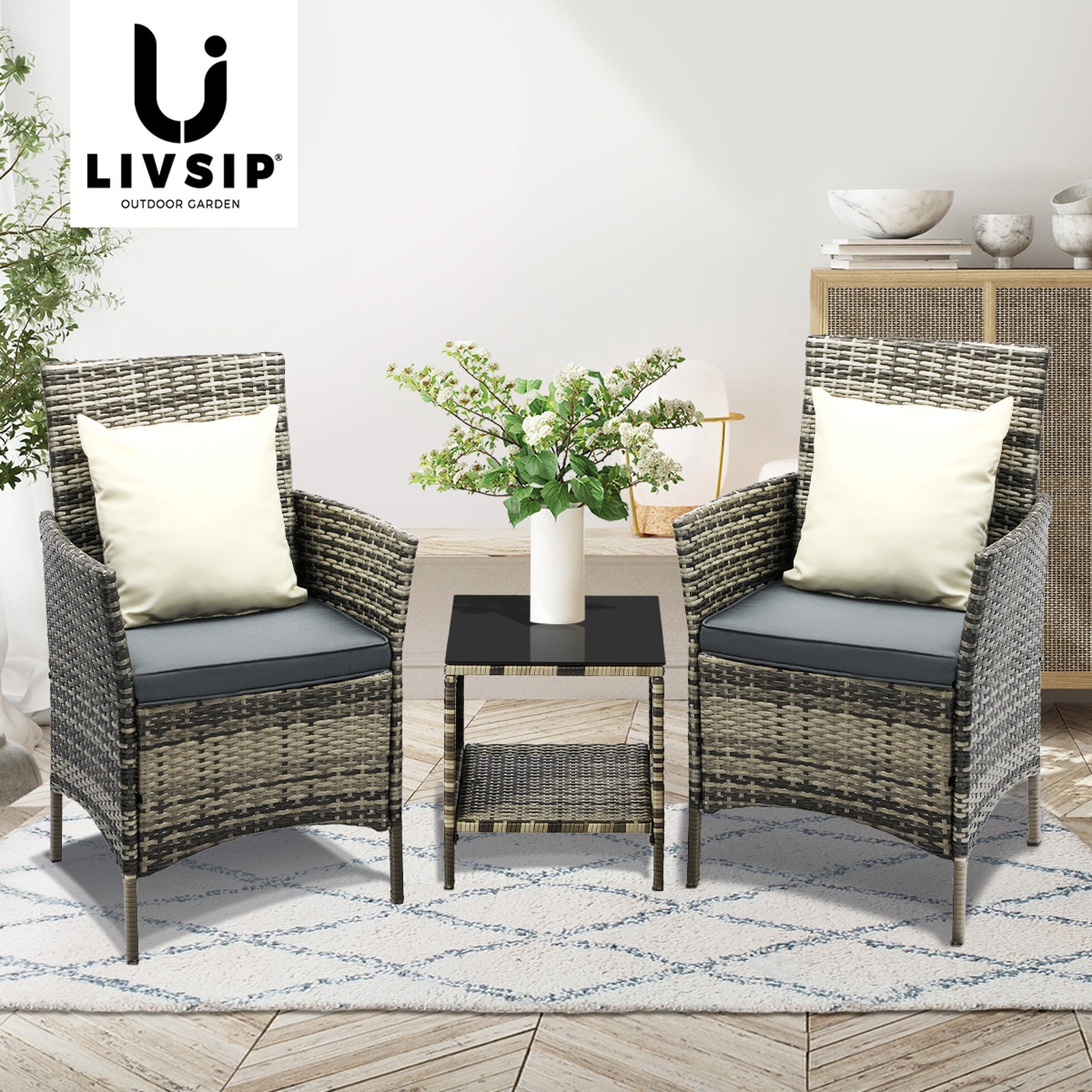 Livsip Outdoor Furniture Setting 3 Piece Wicker Bistro Set Patio Chairs Table - Sunyee