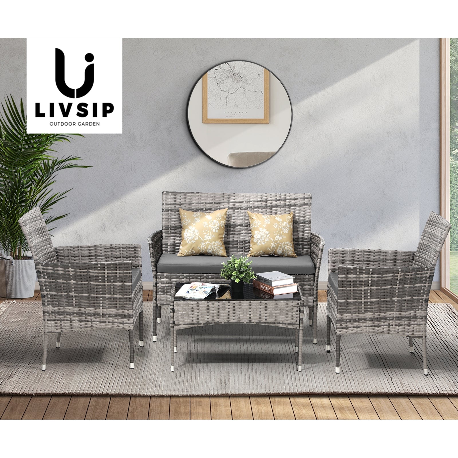 Livsip Outdoor Furniture 4-Piece Lounge Setting Chairs Table Wicker Set Patio - Sunyee