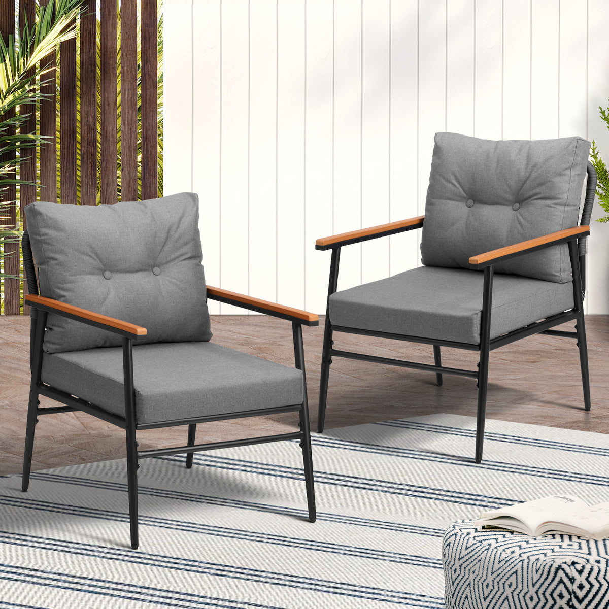 Livsip 2PCS Outdoor Chairs Furniture Garden Patio Armchair Lounge Sofa Black - Sunyee