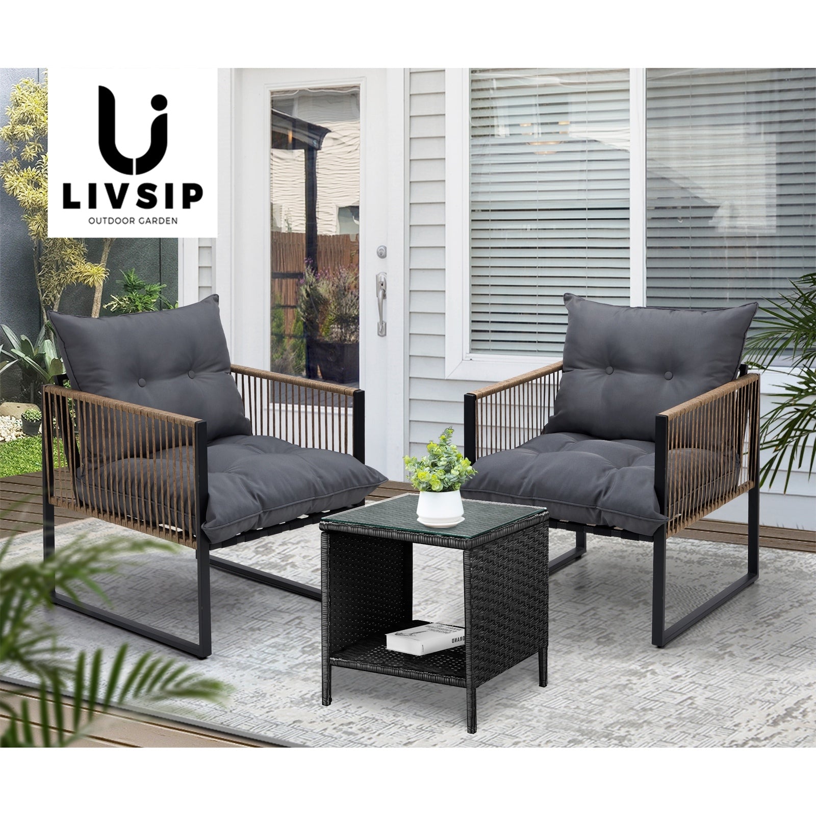 Livsip 2 Seater Outdoor Patio Set Rattan Table Garden Lounge Setting Furniture - Sunyee