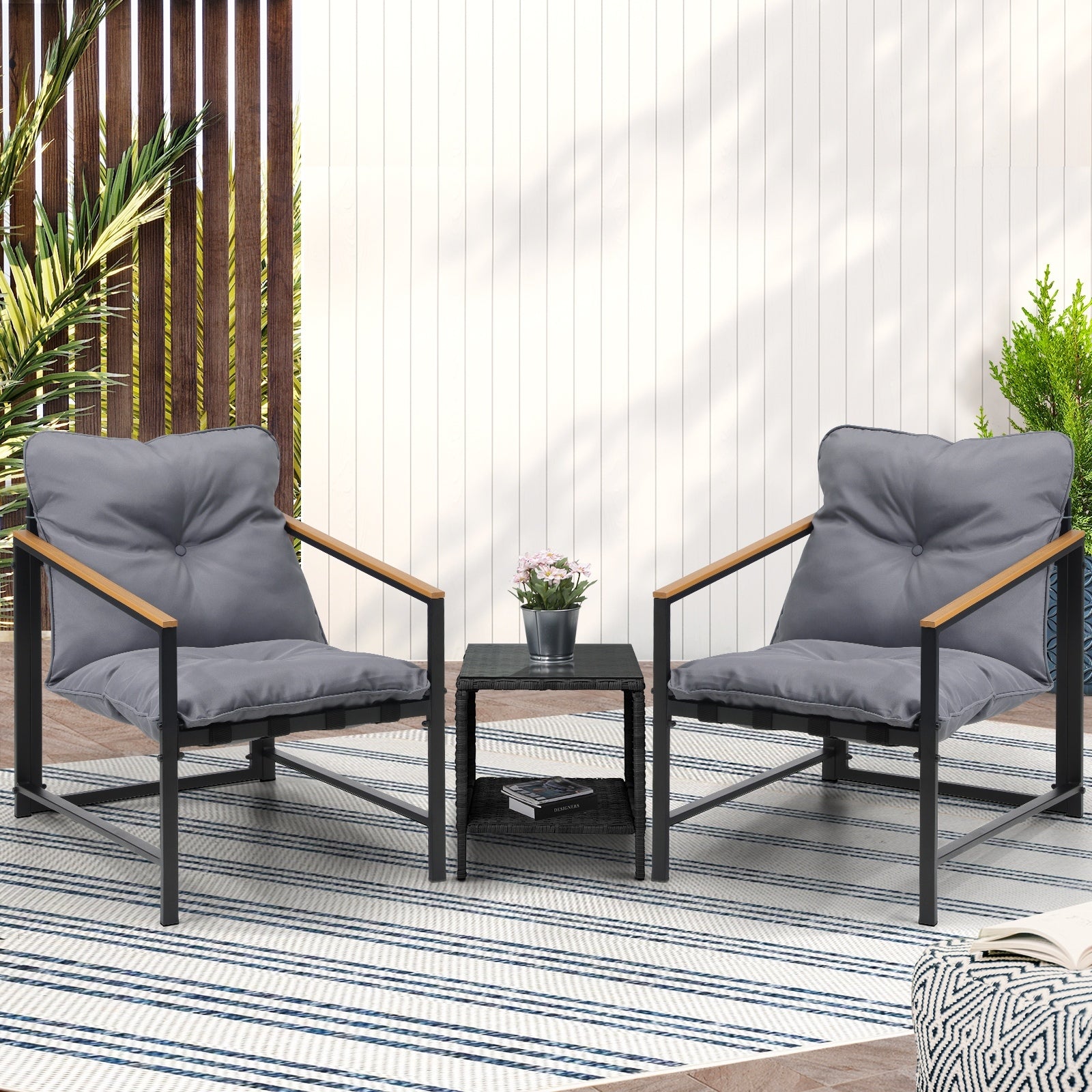 Livsip 3 Piece Outdoor Patio Set Lounge Setting Garden Furniture Rattan Table - Sunyee