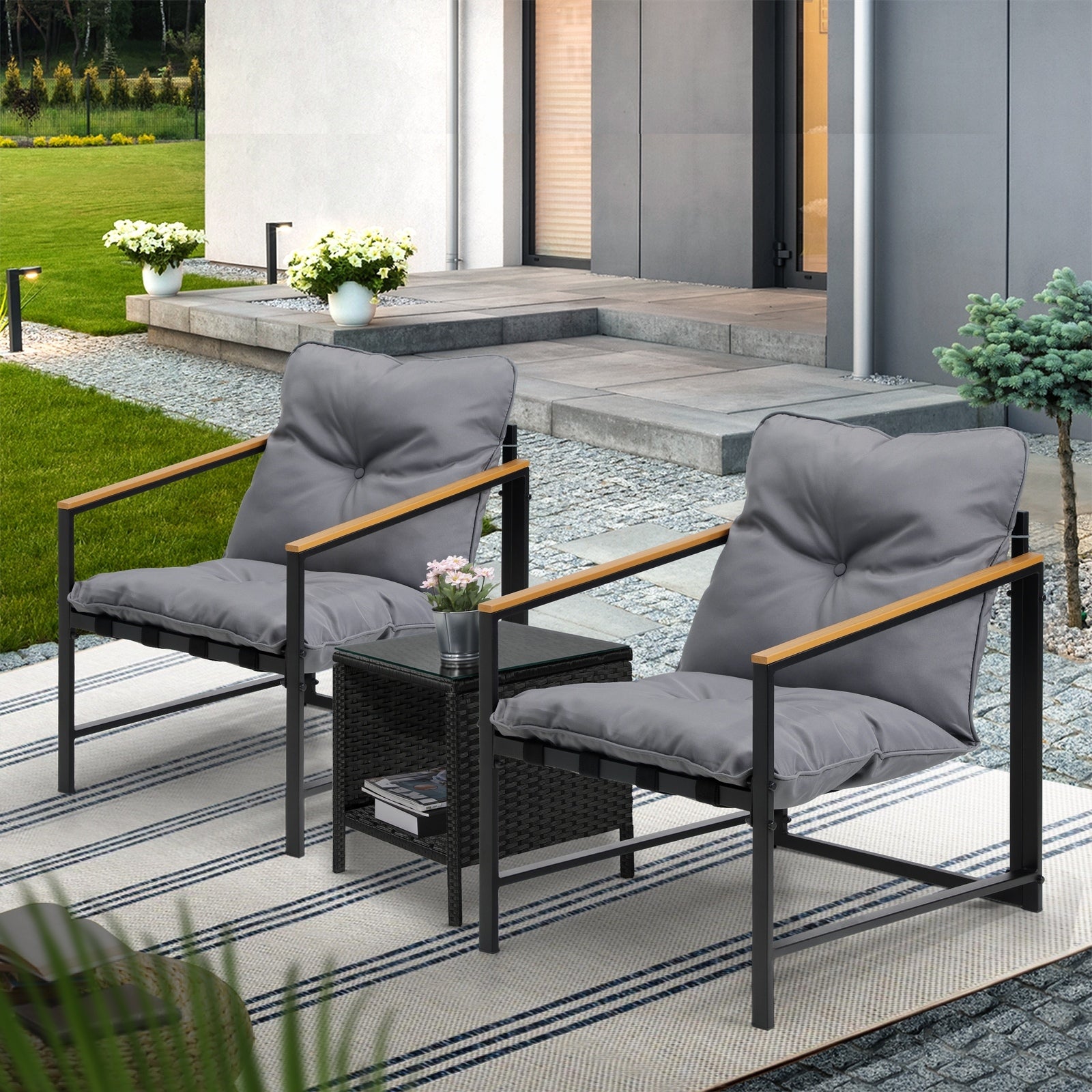 Livsip 3 Piece Outdoor Patio Set Lounge Setting Garden Furniture Rattan Table - Sunyee