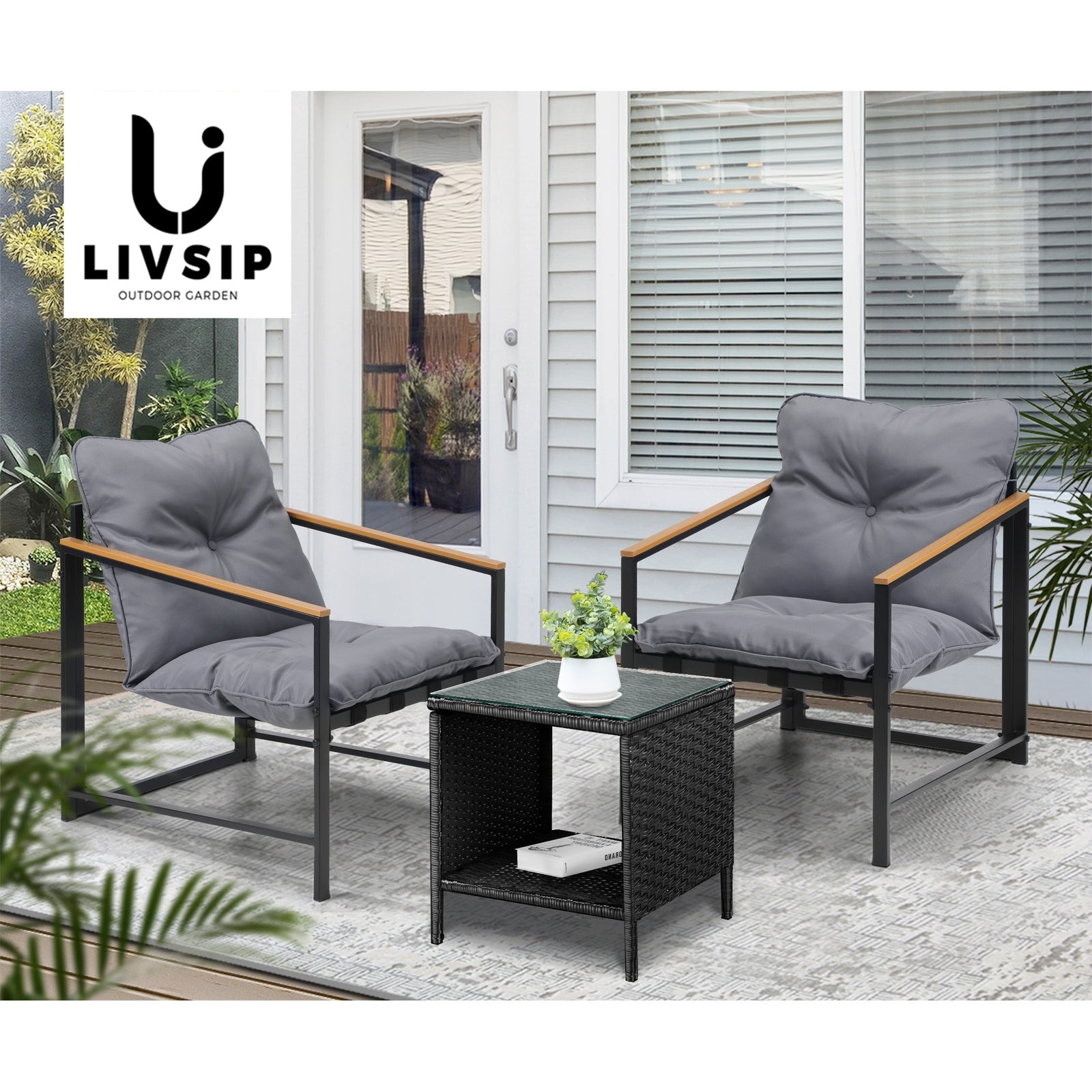 Livsip 3 Piece Outdoor Patio Set Lounge Setting Garden Furniture Rattan Table - Sunyee