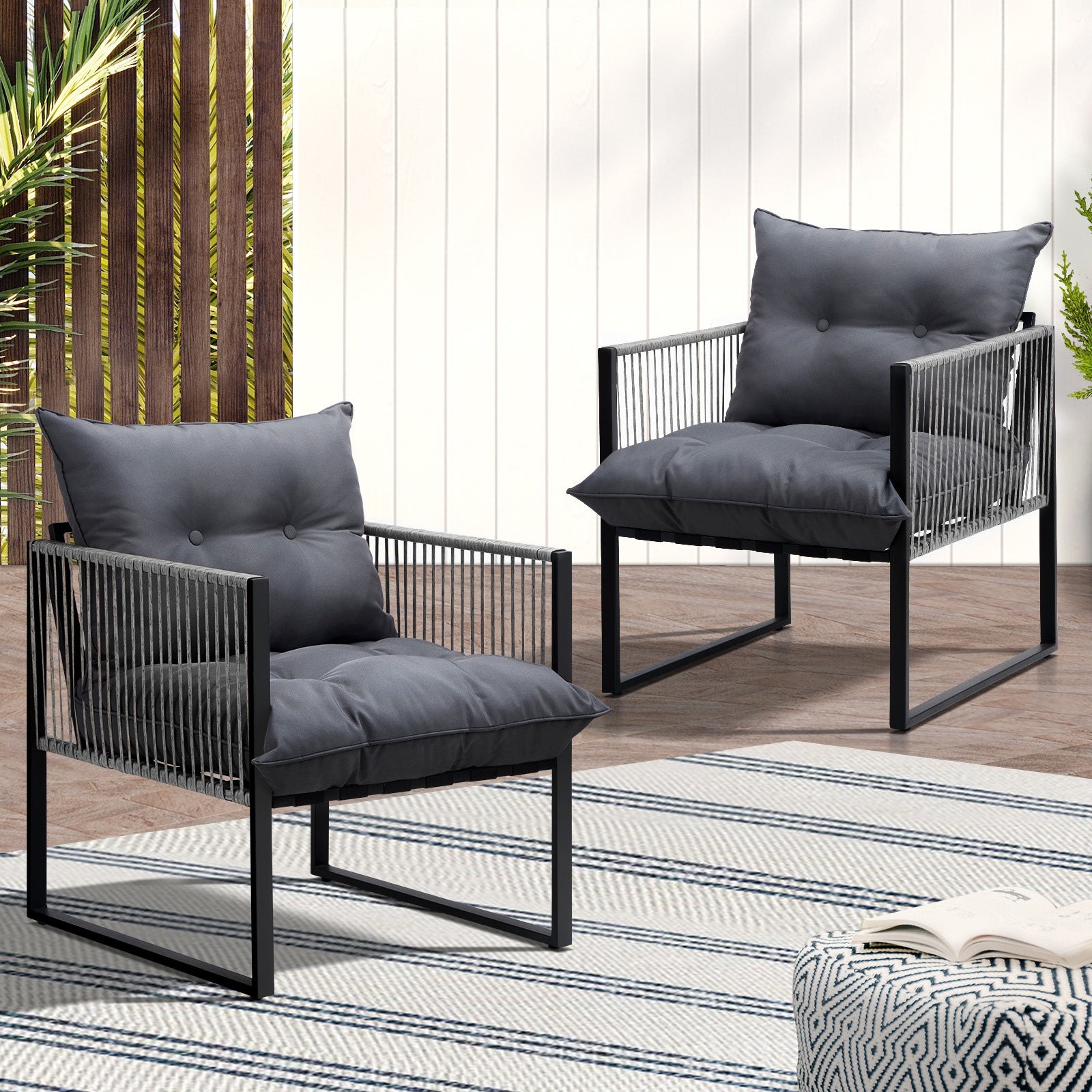 Livsip 2PCS Outdoor Furniture Patio Chairs Garden Lounge Sofa Set PE Wicker Grey - Sunyee