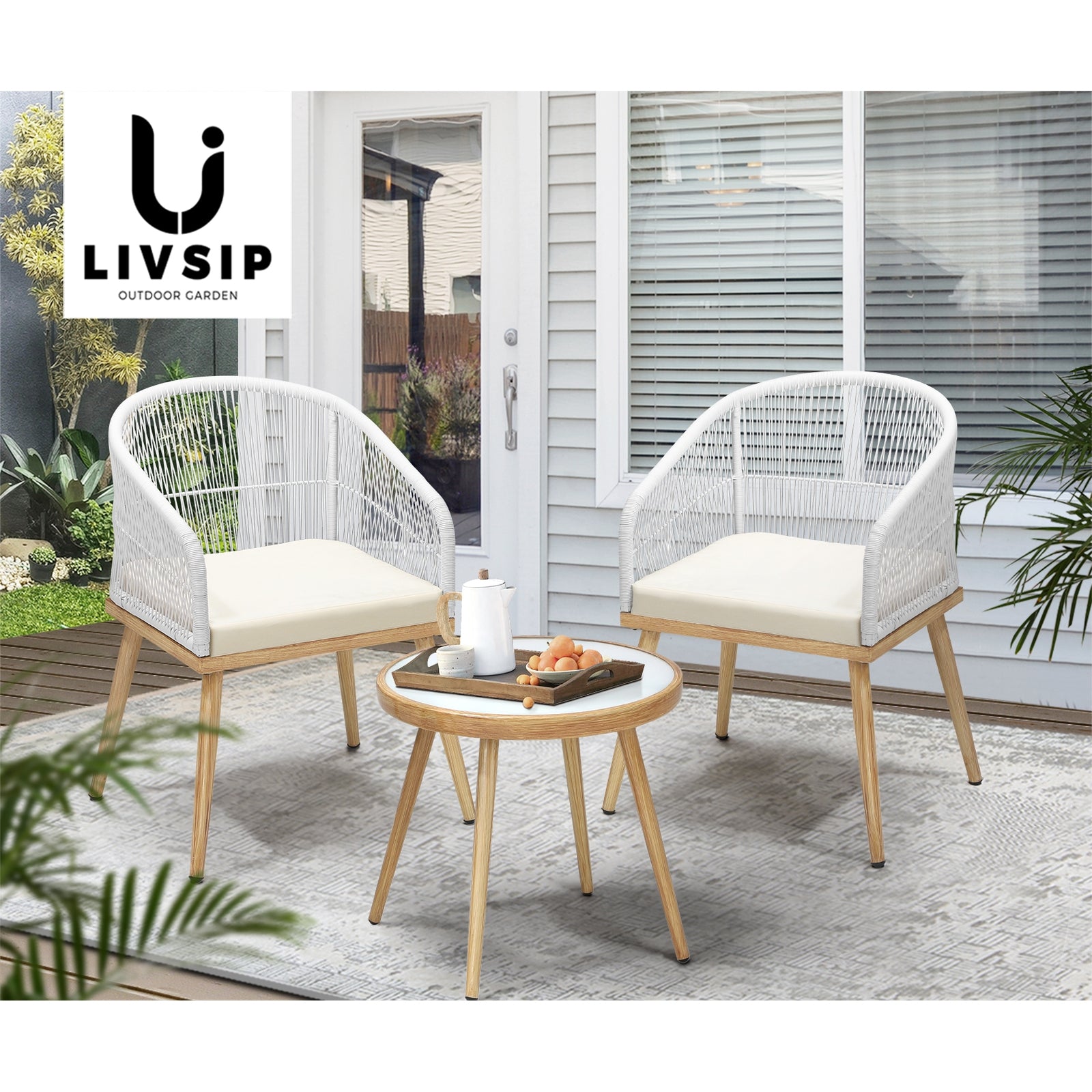 Livsip Outdoor Furniture Lounge Setting Chairs 2x Bistro Patio Garden Set Beige - Sunyee